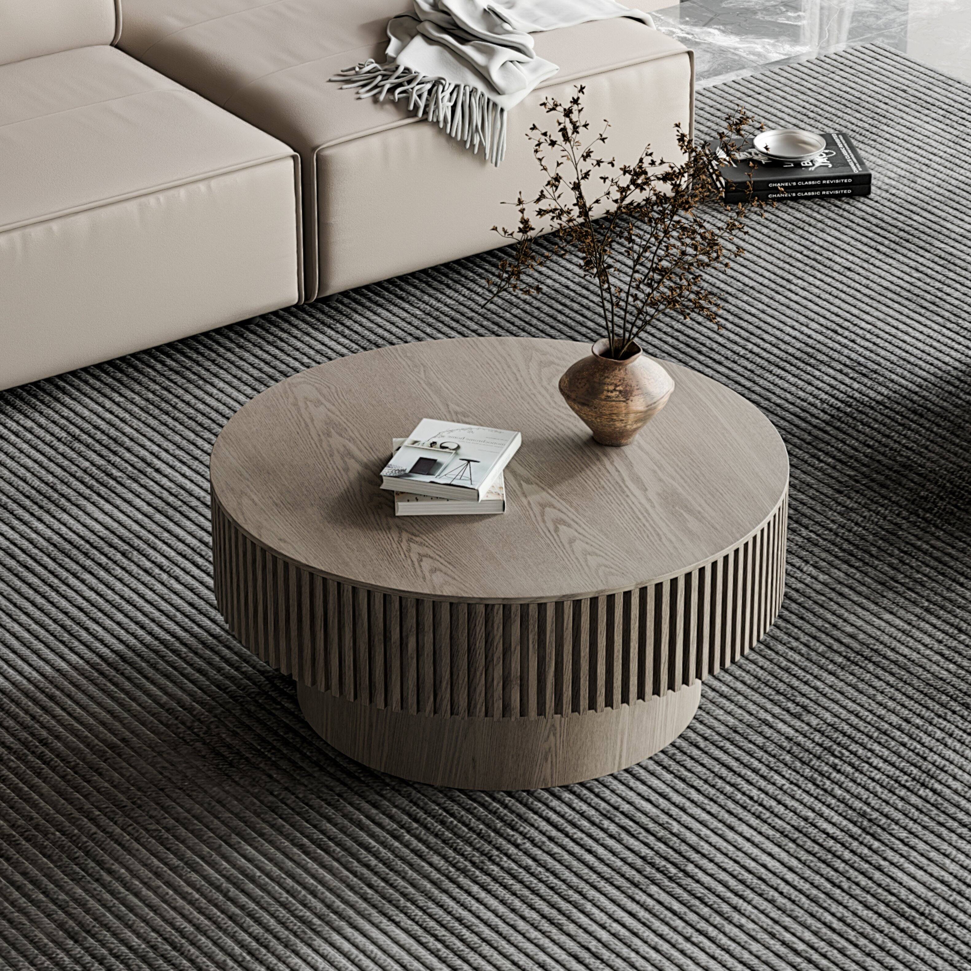 Alt View 1. Loheer - Loheer 31.5 Inch Round Coffee Table with Storage Modern Grey Solid Wood Veneer Living Room Table - Grey.