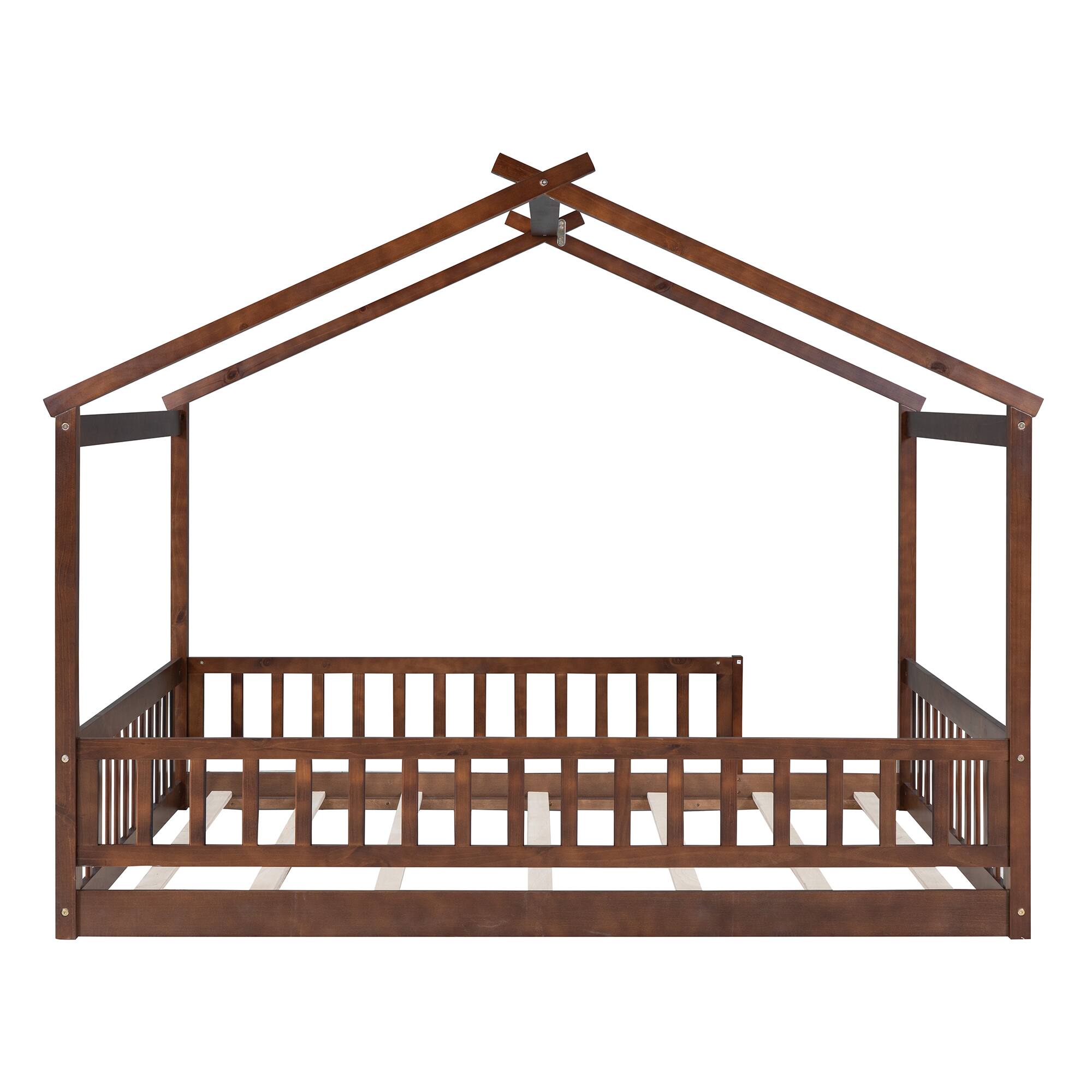 Alt View 1. Whisen - Wood House Bed Frame with Fence for Kids and Teens - Walnut.