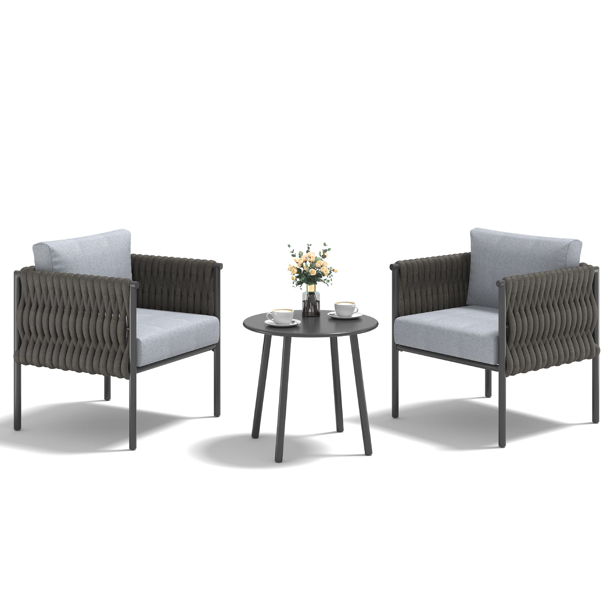 Front. U-HOMY - 3-Piece Patio Conversation Set, Outdoor Armchairs with Thick Cushions & Coffee Table, Steel Frame - Grey.
