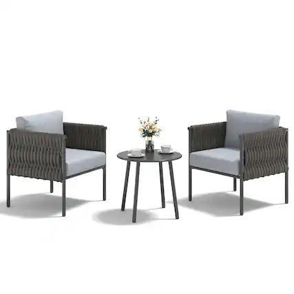 Front. U-HOMY - 3-Piece Patio Conversation Set, Outdoor Armchairs with Thick Cushions & Coffee Table, Steel Frame - Grey.