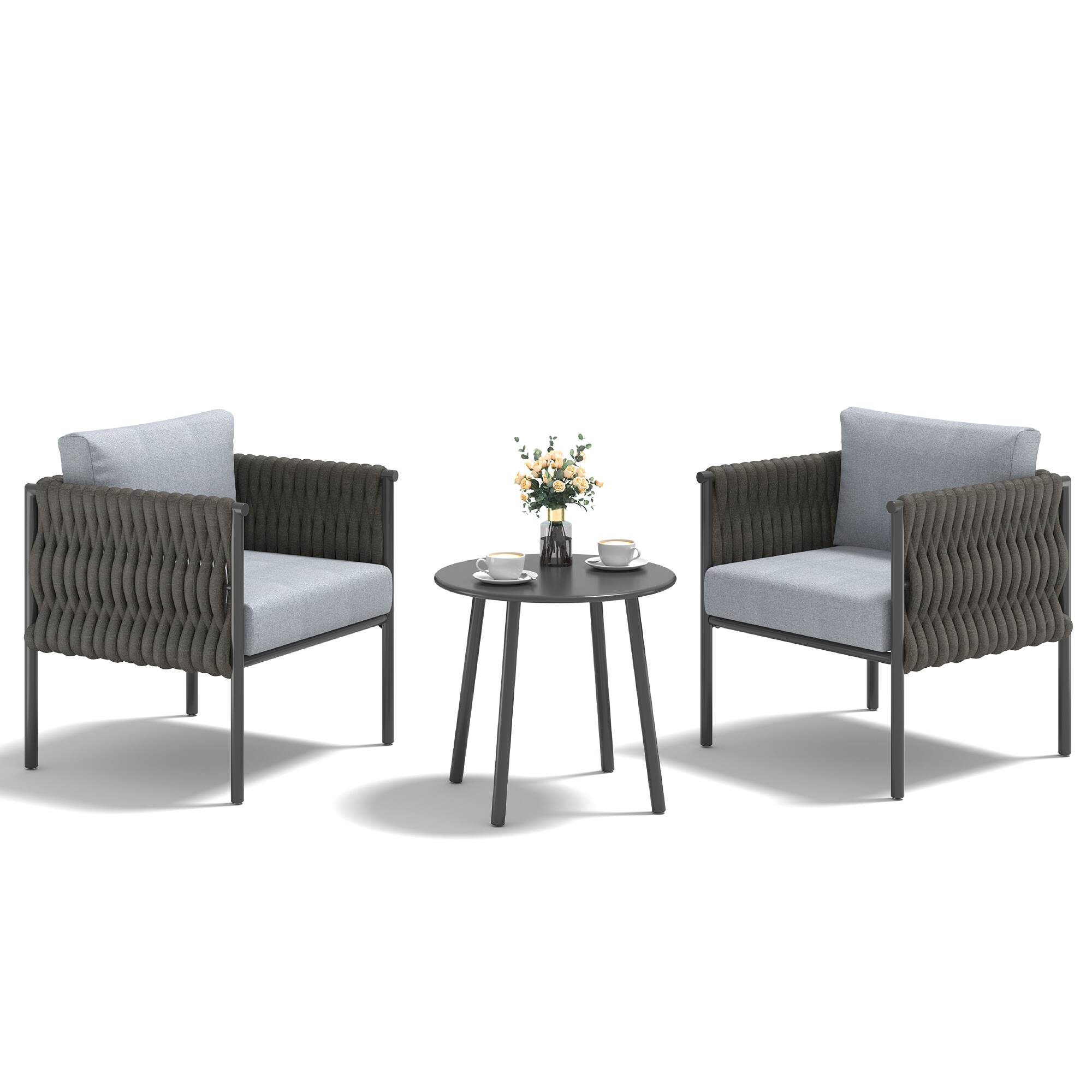 Front. U-HOMY - 3-Piece Patio Conversation Set, Outdoor Armchairs with Thick Cushions & Coffee Table, Steel Frame - Grey.