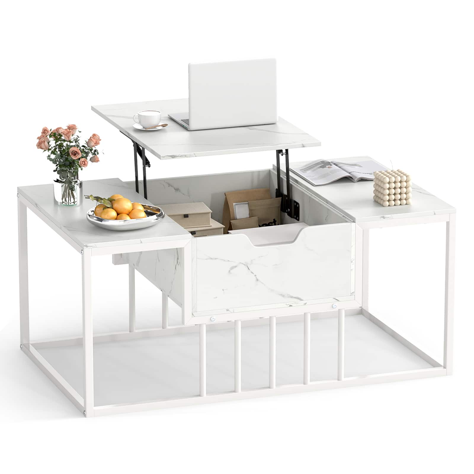 Gymax - Lift-Top Coffee Table w/ Hidden Storage & Heavy-Duty Metal Frame for Living Room - White