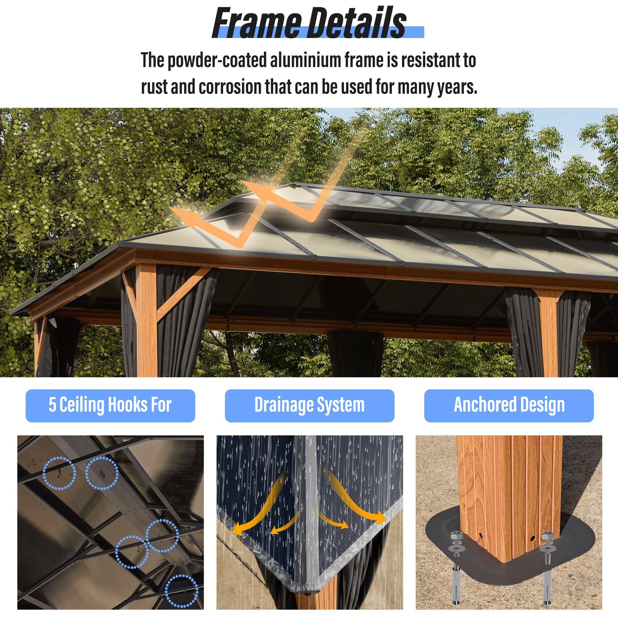 Frame Details

5 Ceiling Hooks
Drainage System
Anchored Design