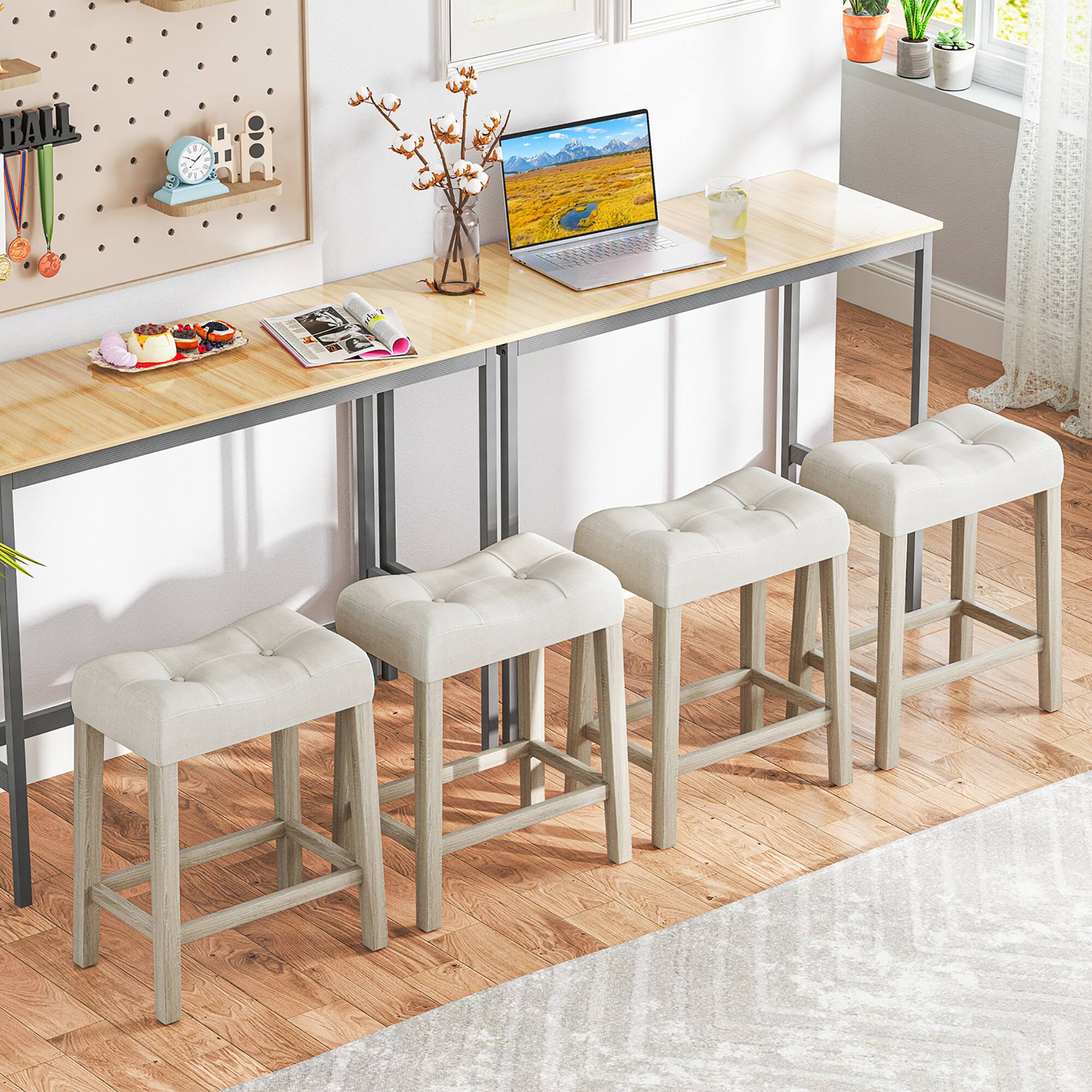 Alt View 4. Gymax - Gymax 24'' Bar Stools Set of 4 w/ Footrest Rubber Wood Frame for Kitchen Island - Gray.