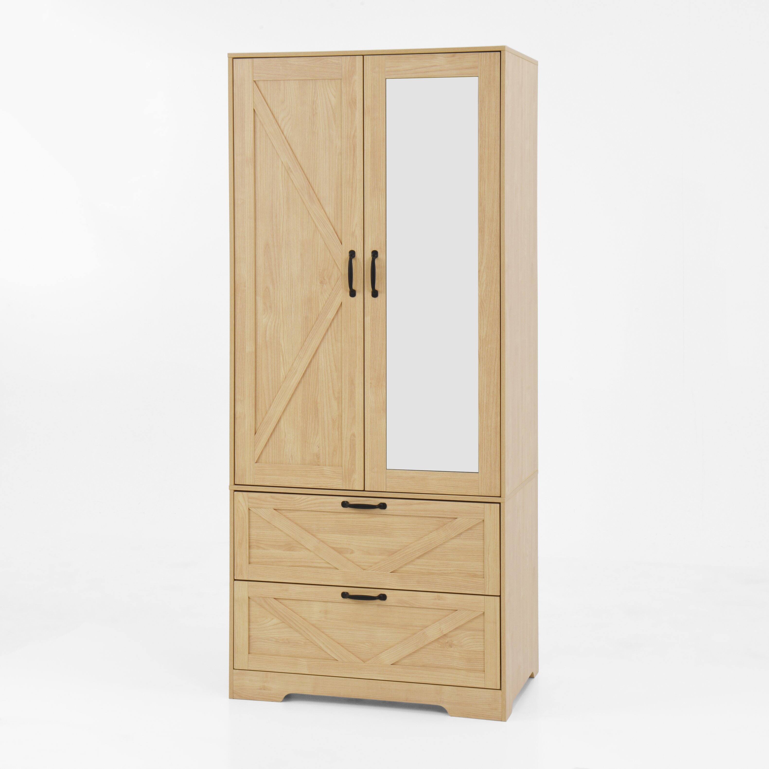 Alt View 5. MERAVOM - Wooden Armoire Wardrobe with Mirror and 2 Drawers, 2 Doors, 71.7" Tall Freestanding Clothing Storage Cabinet for Bedroom - Natural.