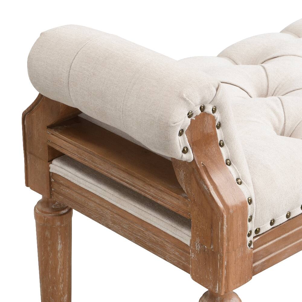 Alt View 7. Ropilly - Ropilly Upholstered Bench Mid-Century Solid Wood Tufted Ottoman End of Bed Bench with Rolled Arms for Bedroom Beige 50in - Beige.