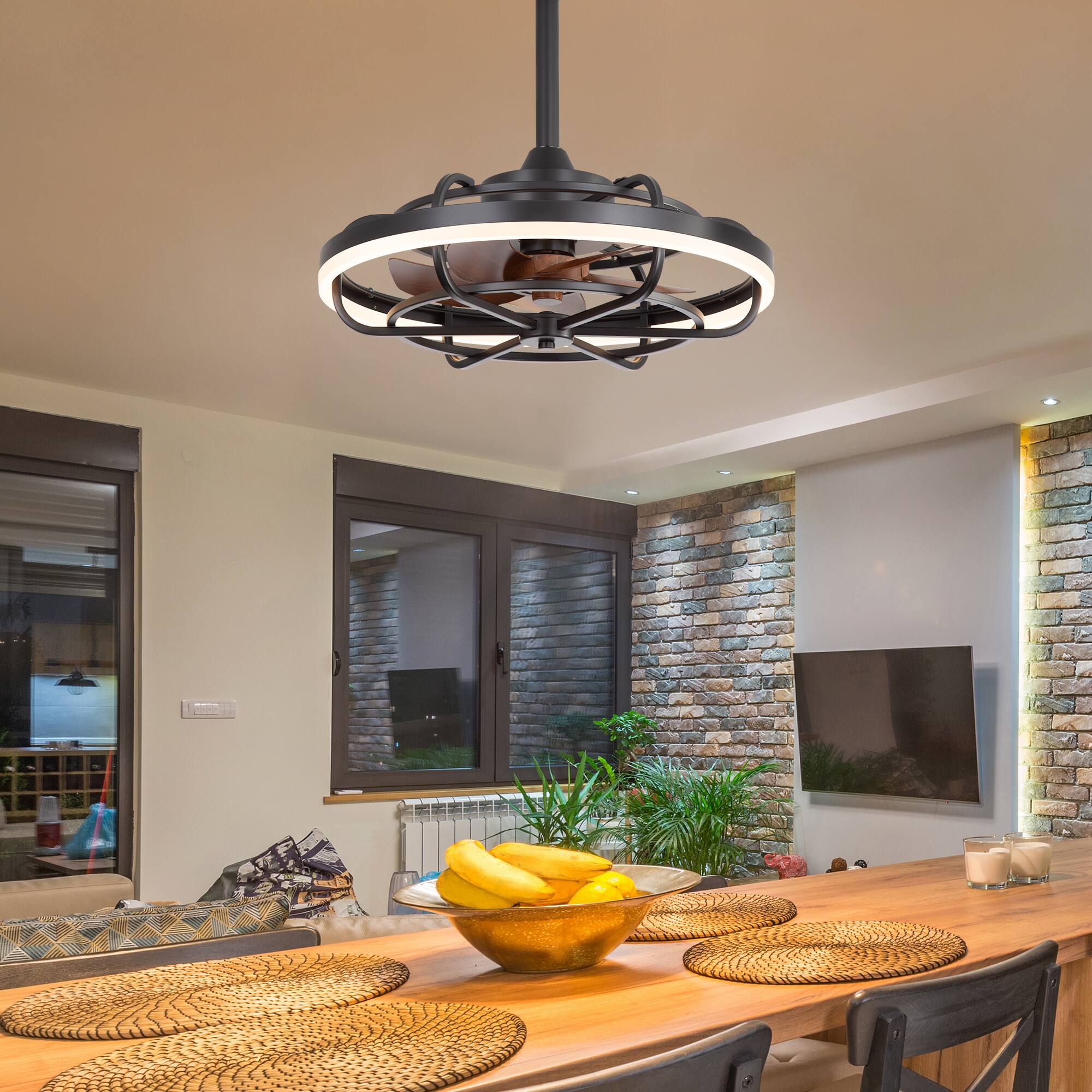 Alt View 1. Breezary - 19.7" Indoor Cage Ceiling Fan with 3-Color Light, 5 ABS Blades, DC Motor, 6''/10'' Downrods & Memory Function - Matte Black.