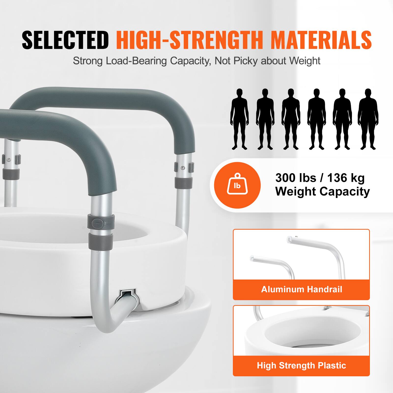 SELECTED HIGH-STRENGTH MATERIALS
Strong Load-Bearing Capacity, Not Picky about Weight
300 lbs / 136 kg Weight Capacity
Aluminum Handrail
High Strength Plastic