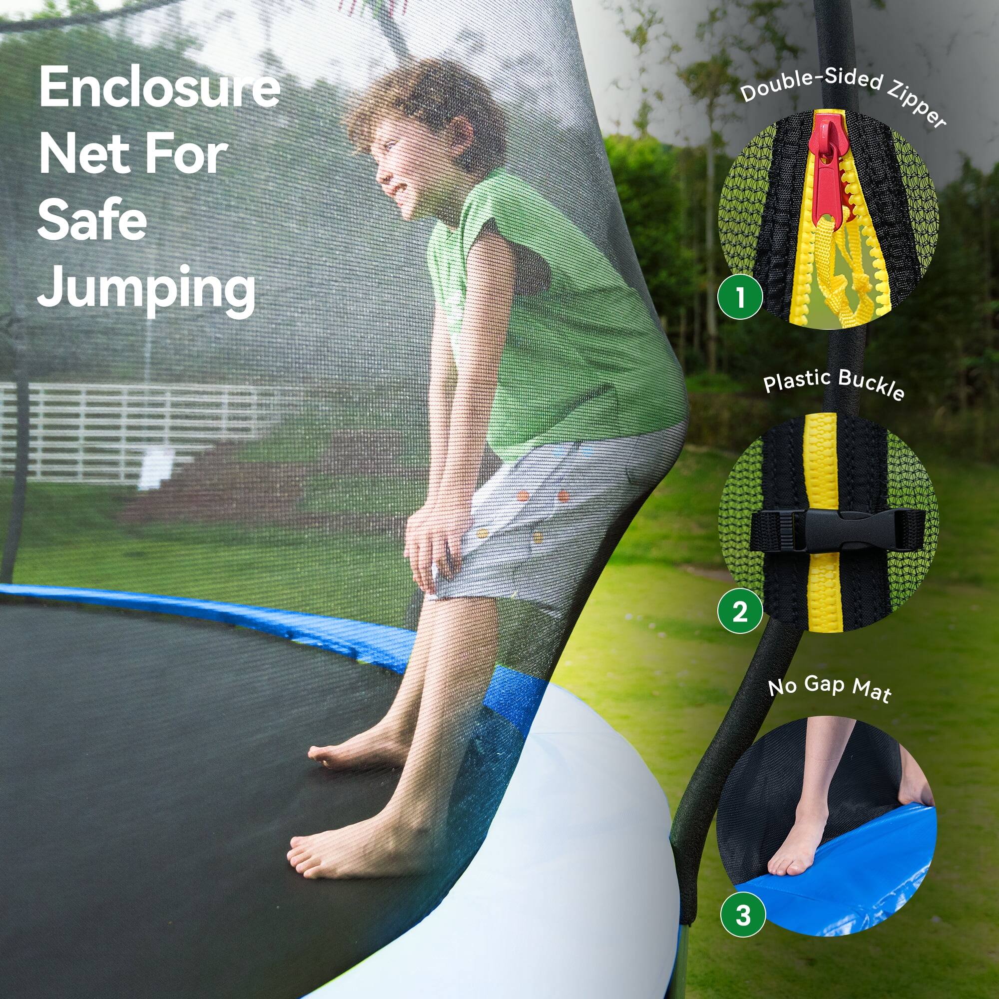 Enclosure Net For Safe Jumping

1. Double-Sided Zipper
2. Plastic Buckle
3. No Gap Mat