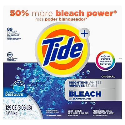 50% more bleach power*  
más poder blanqueador*  

89 LOADS  
89 LAVADAS  

Tide  
ORIGINAL  

BRIGHTENS WHITES  
REMOVES STAINS  
con BLANQUEADOR  

CLEAN DISSOLVE  
BLANQUEADOR Y LIMPIA  

safe on colors  
seguro en colores  

129 OZ (8.06 LB)  
3.68 kg  

POWDER  
POLVO  

DANGER  
PELIGRO  

KEEP OUT OF REACH OF CHILDREN.  
PELIGRO: NO ALCANZABLE PARA NIÑOS.  

*Compared to Tide with Bleach  
*Comparado con Tide con Blanqueador