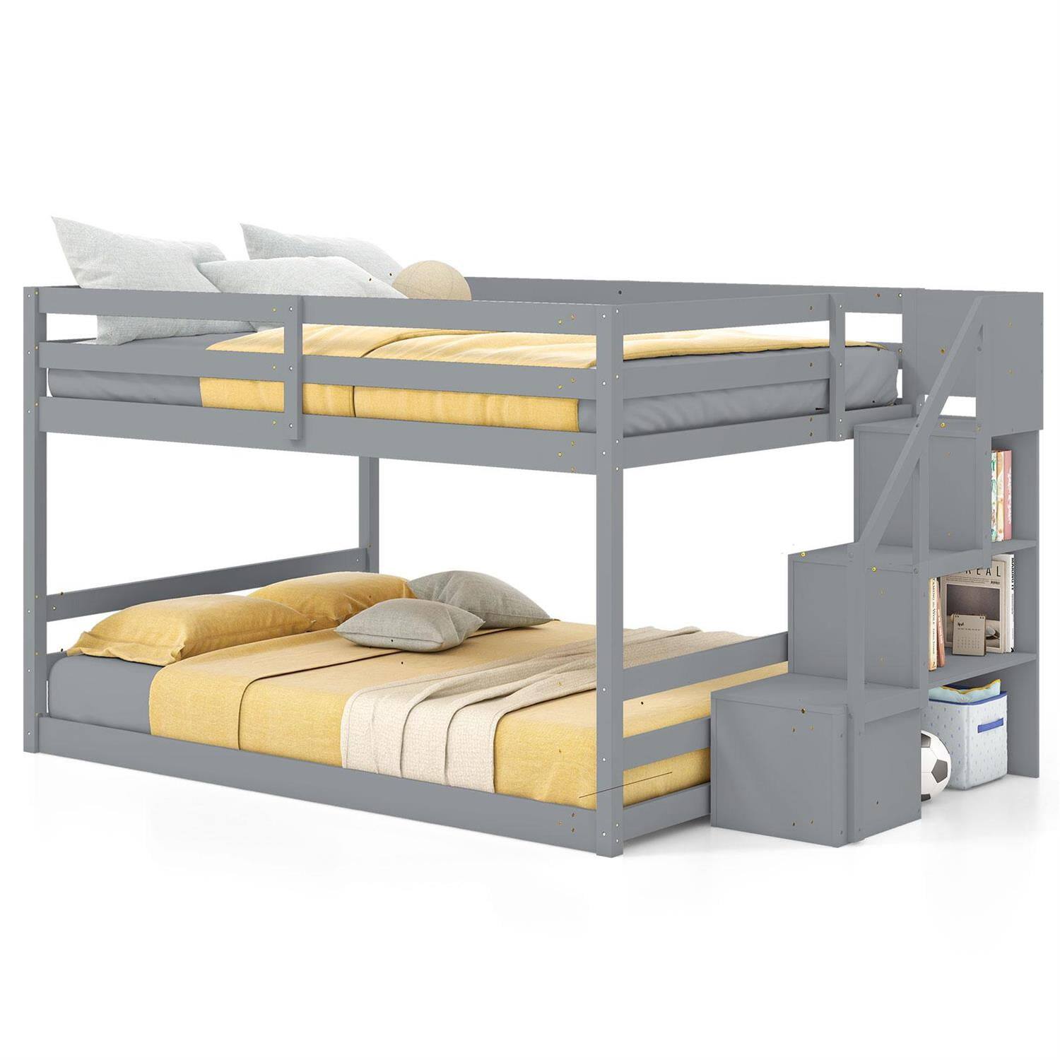 Angle. Pefilos - Full over Full Low Bunk Bed, Solid Wood Frame with 14+7 Plywood Slats, Storage Stairs (3 Compartments), 12.5" - Gray.