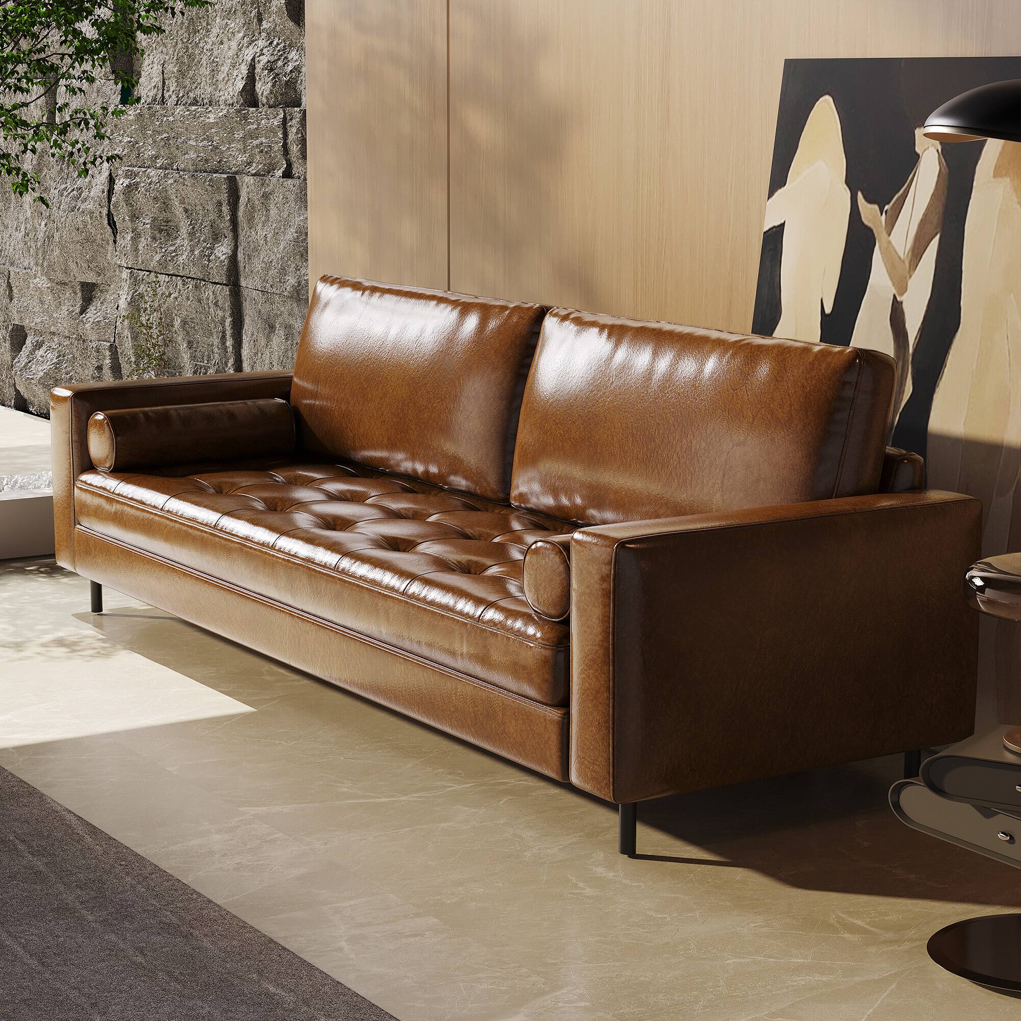 Alt View 4. luck idea - 80.31" Luxury Oil-Waxed Leather Sofa, High-End Vintage Sofa, Sturdy Frame, Comfortable Seating - Brown.
