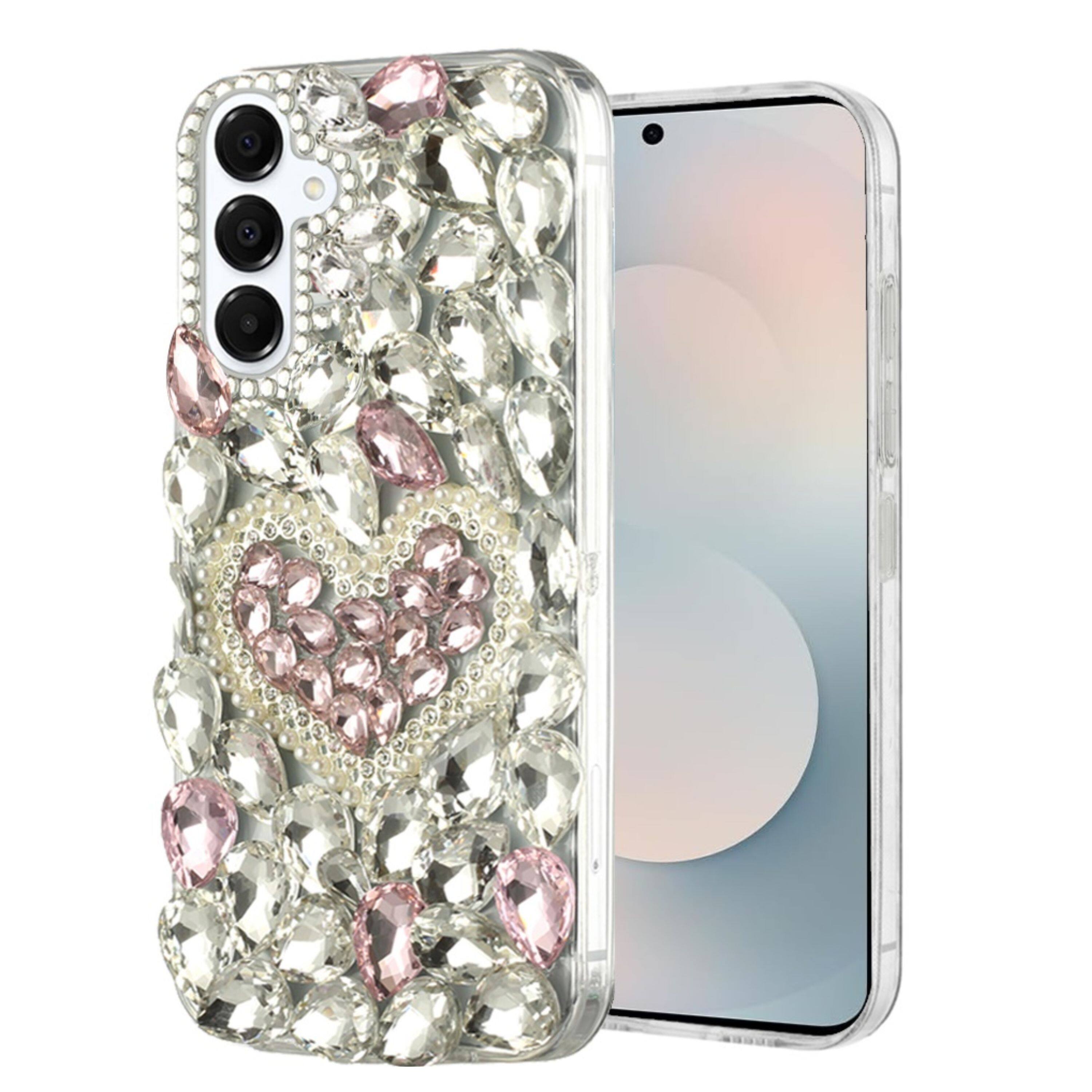Left. Kitcheniva - Full Diamond Bling 3D Jewel Ornaments Plus Tempered Glass For Samsung S25 FE Hearty Pink Pearl Heart - Multicolor.