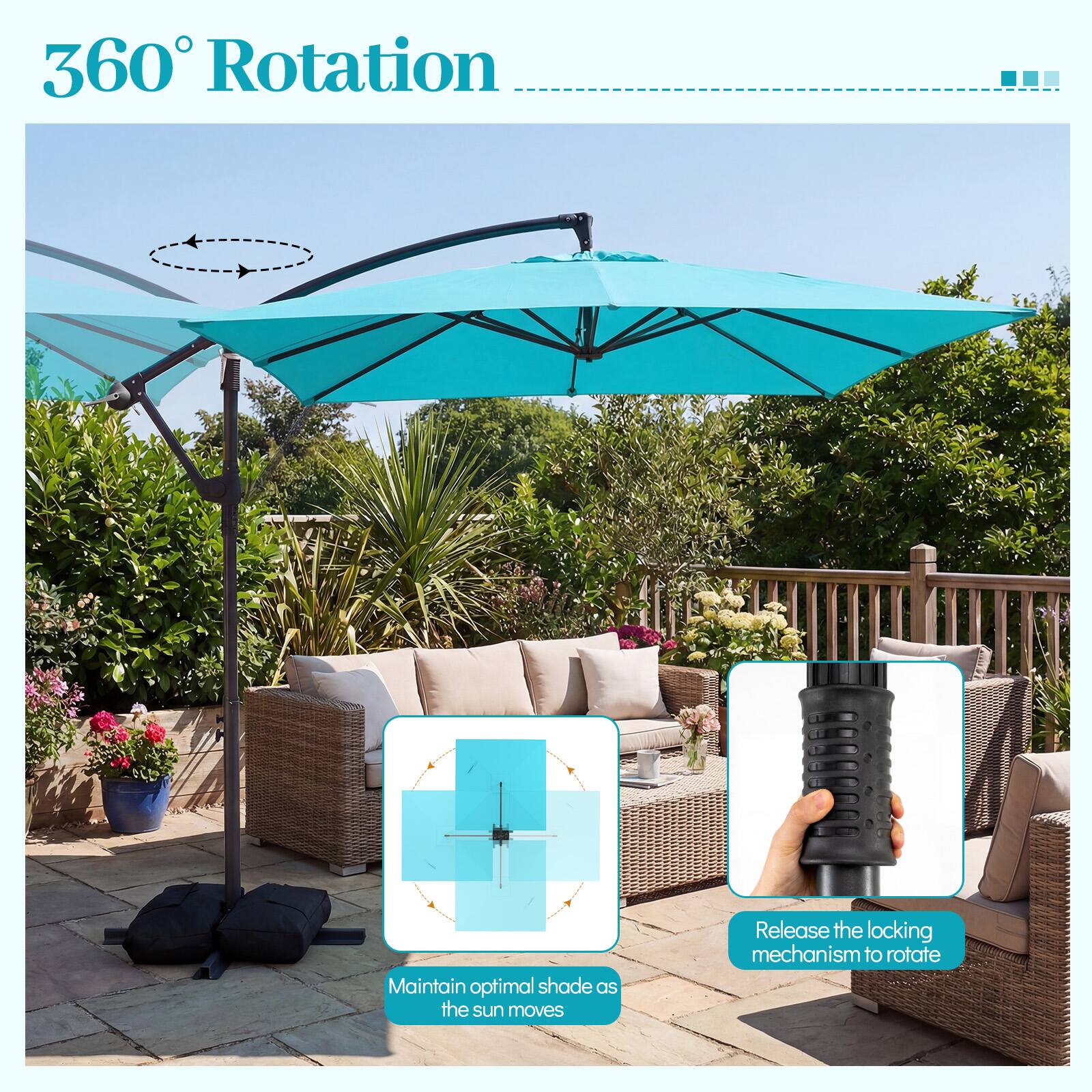360° Rotation

Maintain optimal shade as the sun moves

Release the locking mechanism to rotate