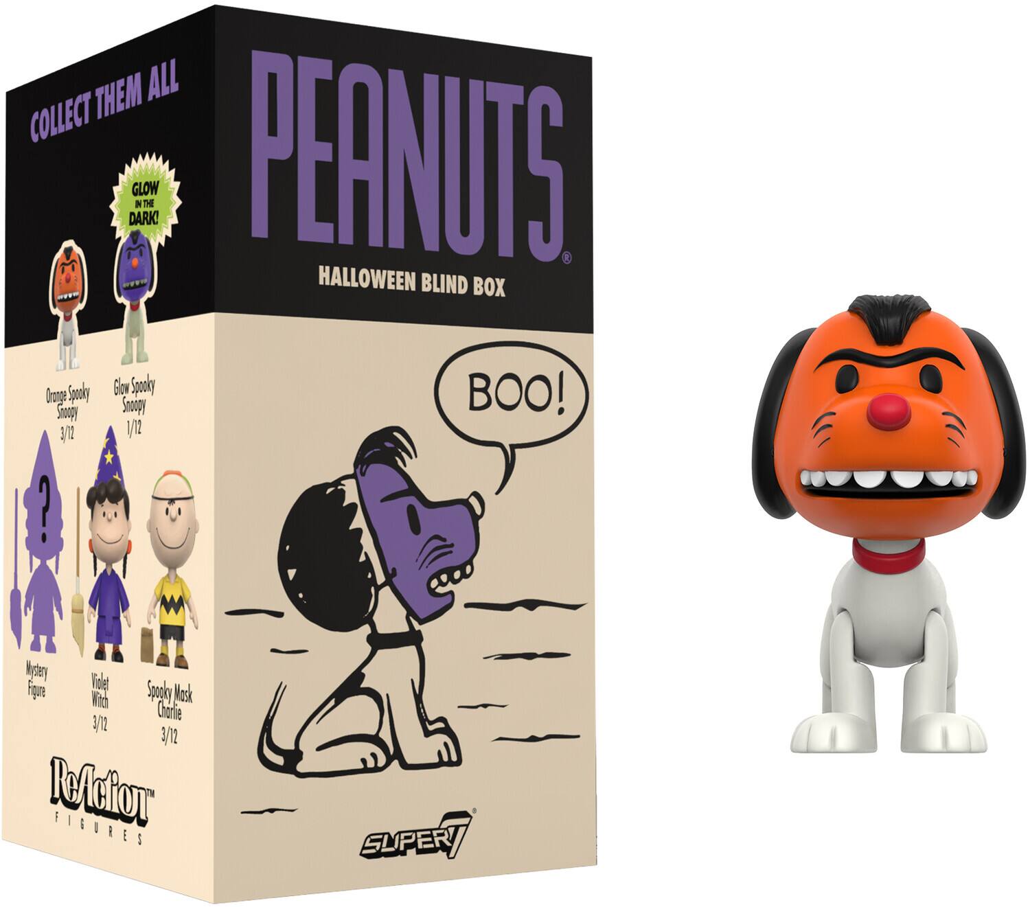 Collect them all! Glow in the dark! Peanuts Halloween Blind Box. Orange Spooky Snoopy 3/12. Glow Spooky Snoopy 1/12. Mystery Figure 3/12. Violet Witch 3/12. Spooky Mask Charlie 3/12. ReAction Figures.