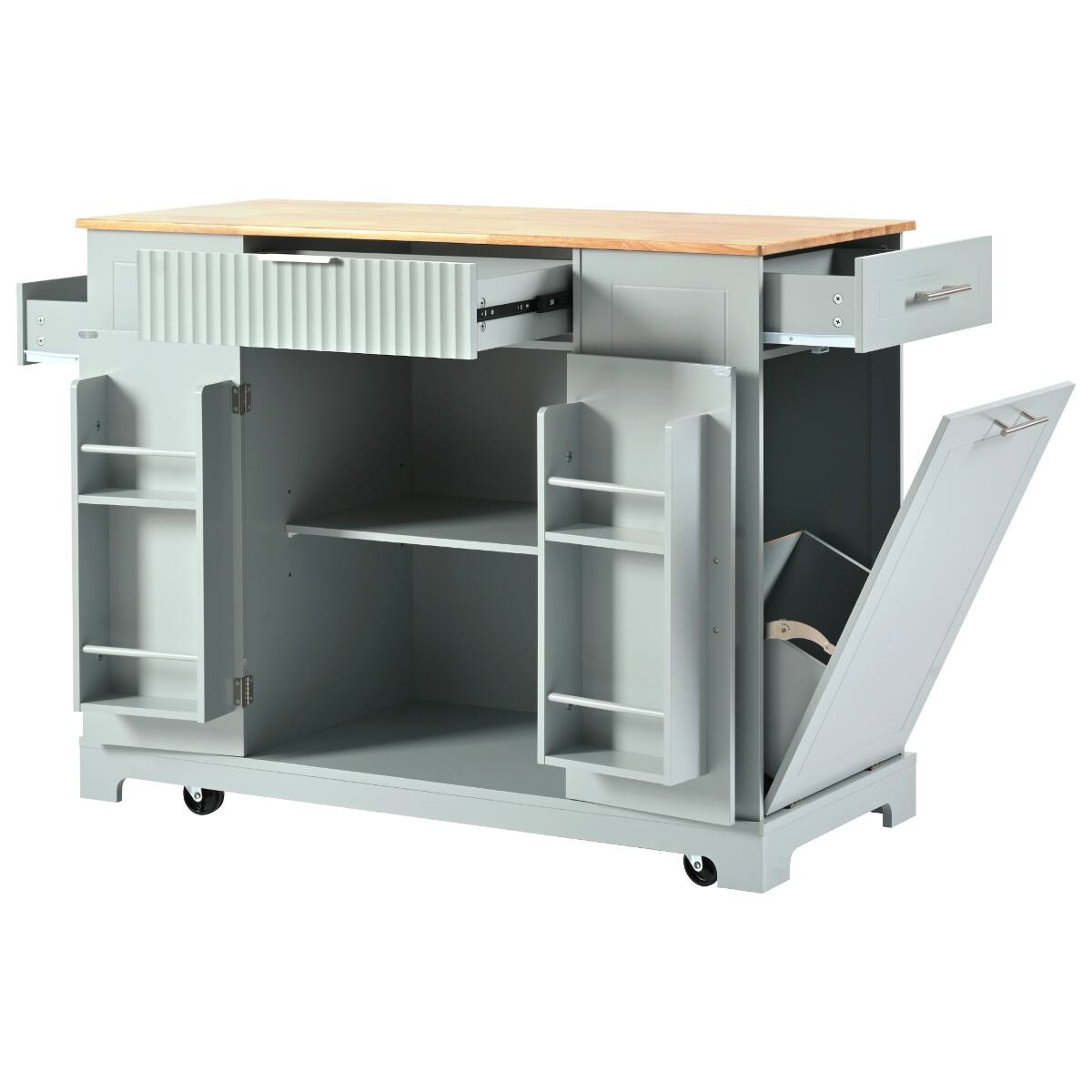Alt View 2. Loheer - Loheer Kitchen Island with Trash Can Storage, Rubber Wood Top, Grey Blue - Grey Blue.