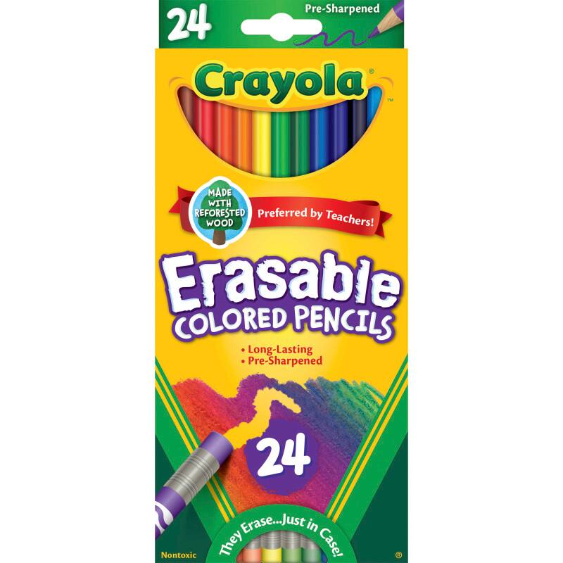 Pre-Sharpened 24 Crayola Erasable Colored Pencils  
MADE WITH REFORESTED WOOD  
Preferred by Teachers!  
Long-Lasting  
Pre-Sharpened  
24  
They Erase... Just in Case!  
Nontoxic
