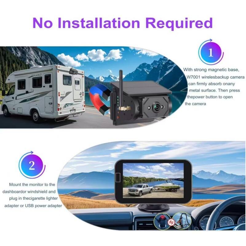 No Installation Required

1. With a strong magnetic base, W7001 wireless backup camera can firmly absorb on any metal surface. Then press the power button to open the camera.

2. Mount the monitor to the dashboard or windshield and plug in the cigarette lighter adapter or USB power adapter.