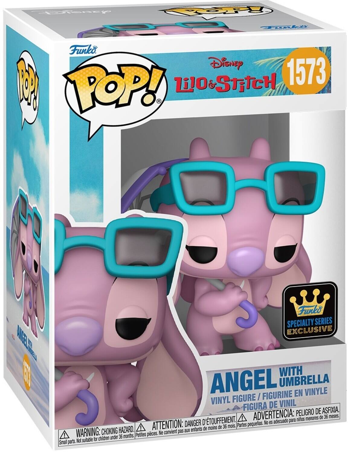 Disney Lio & Stitch 1573 POP! ANGEL Funko SPECIALTY SERIES EXCLUSIVE WITH ANGEL UMBRELLA VINYL FIGURINE / FIGURA DE VINIL PELIGRO DE ASFIXIA. TOUFFEMENT. ADVERTENCIA: para nios menores de 36 meses. DANGER pequerias. No es adecuado HAZARD. ATTENTION: aux enfants de moins de 36 mois. Partes WARNING: CHOKING Petites pices. Ne convient pas for children under 36 months, Snall parts. Not suitable