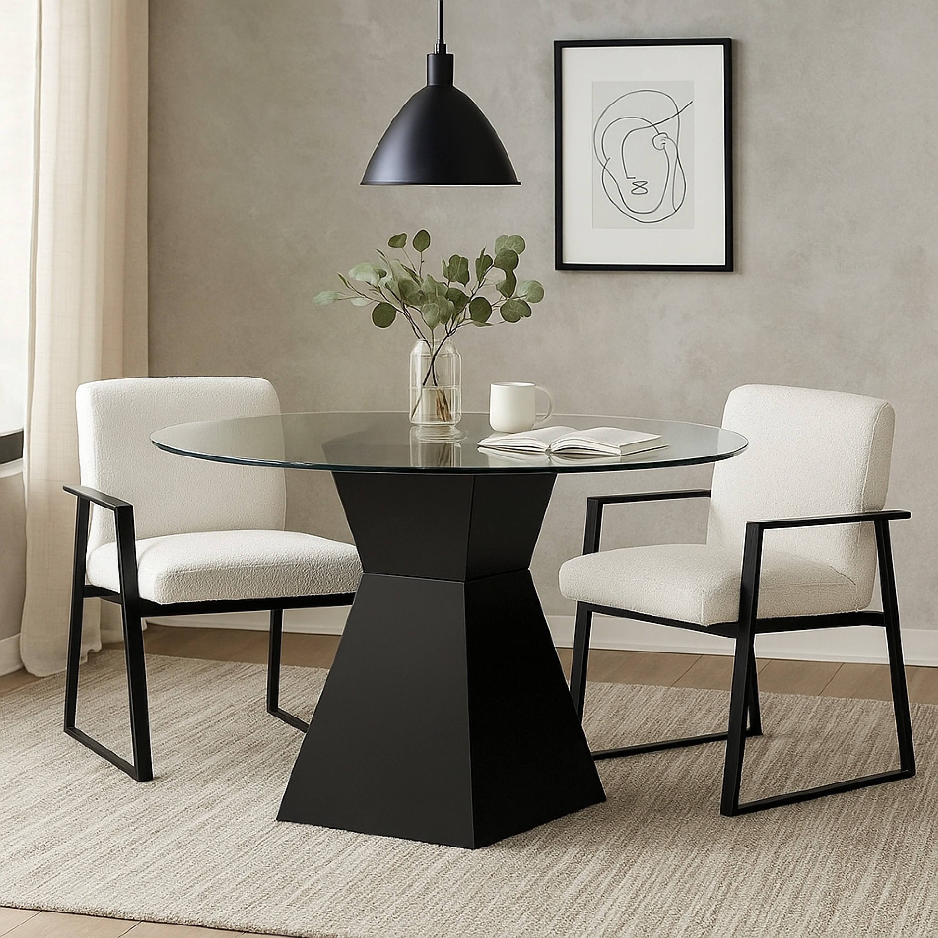 Alt View 2. Manhattan Lane - Contemporary Round Glass Dining Table with Square Pedestal Base - Black.