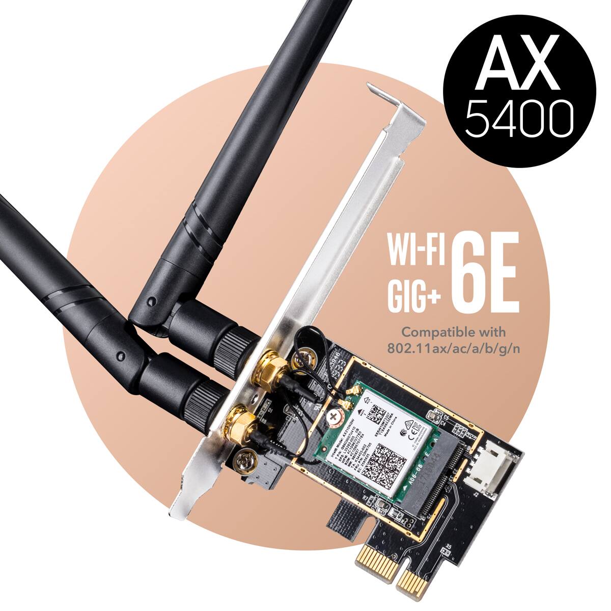 The text on the image reads: "AX 5400 B E 1 Ih 3m WI-FI GIG+ 6E Compatible with 802.11ax/ac/a/b/g/n PED 886 C  F 1  2S PNSE . I i CEN 11 af  I I 1 A  t5 notmsr A0S-08 RT E 028 20  A."