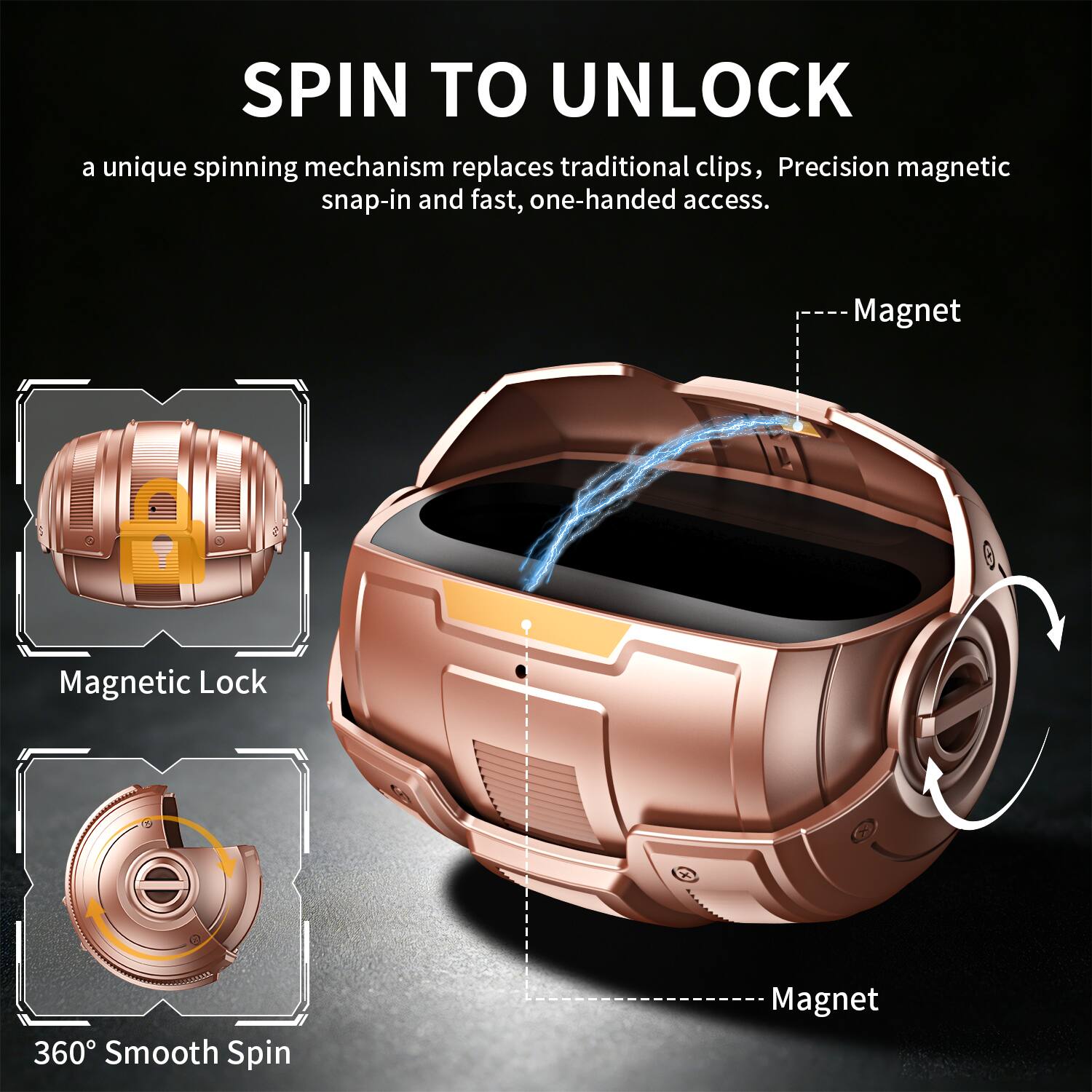 SPIN TO UNLOCK

a unique spinning mechanism replaces traditional clips, Precision magnetic snap-in and fast, one-handed access.

Magnetic Lock

360° Smooth Spin

Magnet