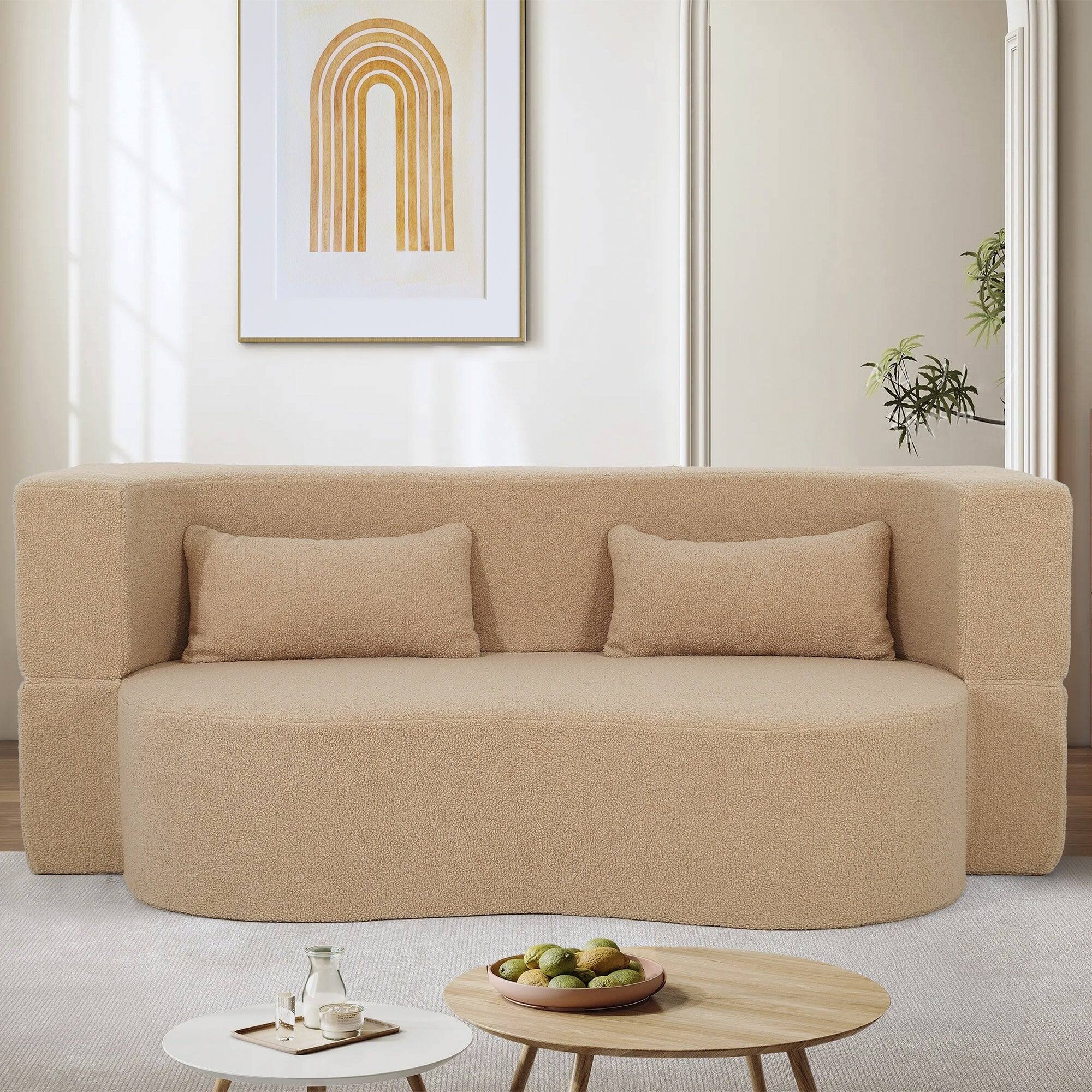 Alt View 1. Boyel Living - Compressed Apricot Teddy Fur Curved Sofa 2-in-1 Sofa Bed 2-Seat - Apricot.
