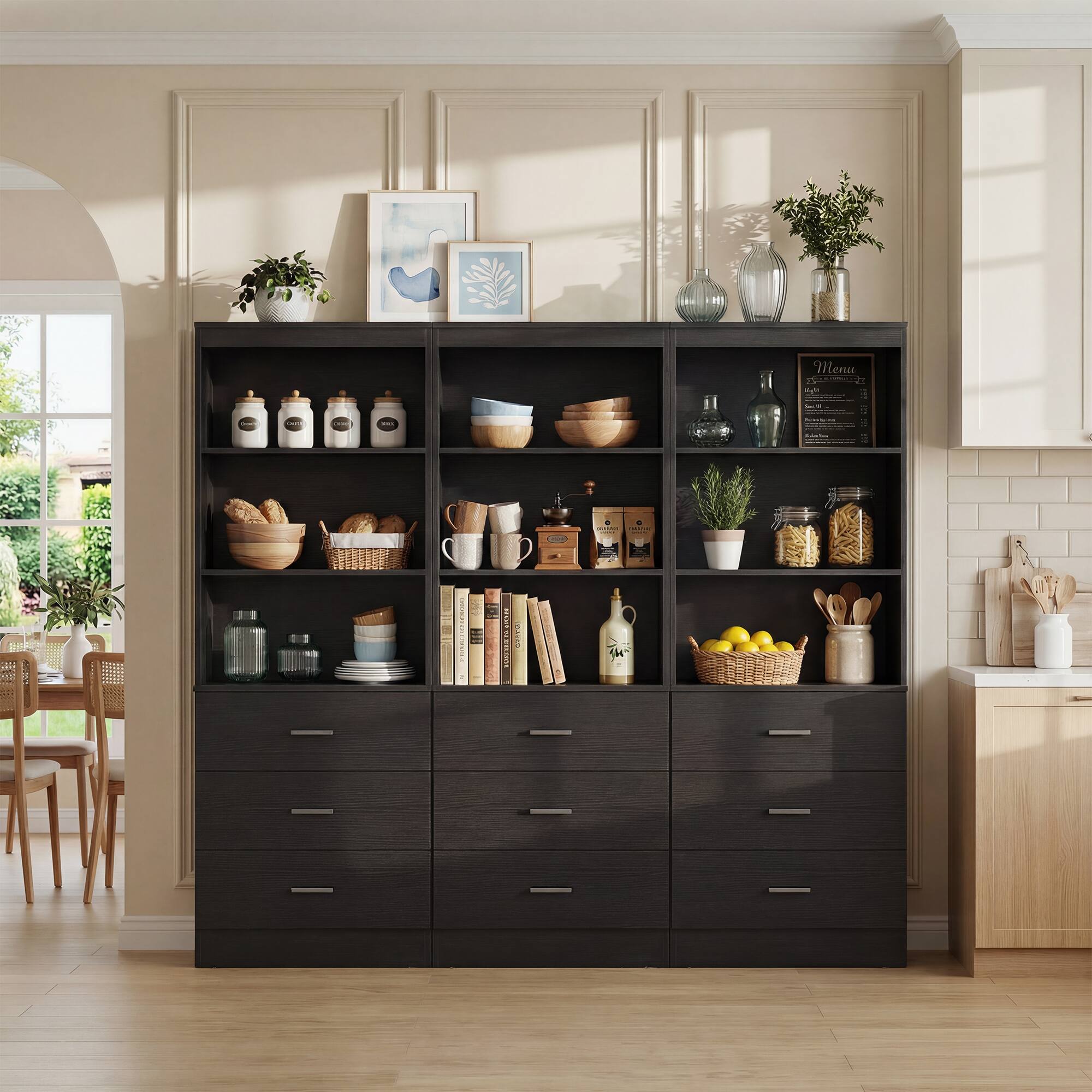 Aheaplus - 71'' Tall Pantry Cabinet, Freestanding Kitchen Storage Cabinet with 3 Drawers and Shelves, 3 Pack - Black