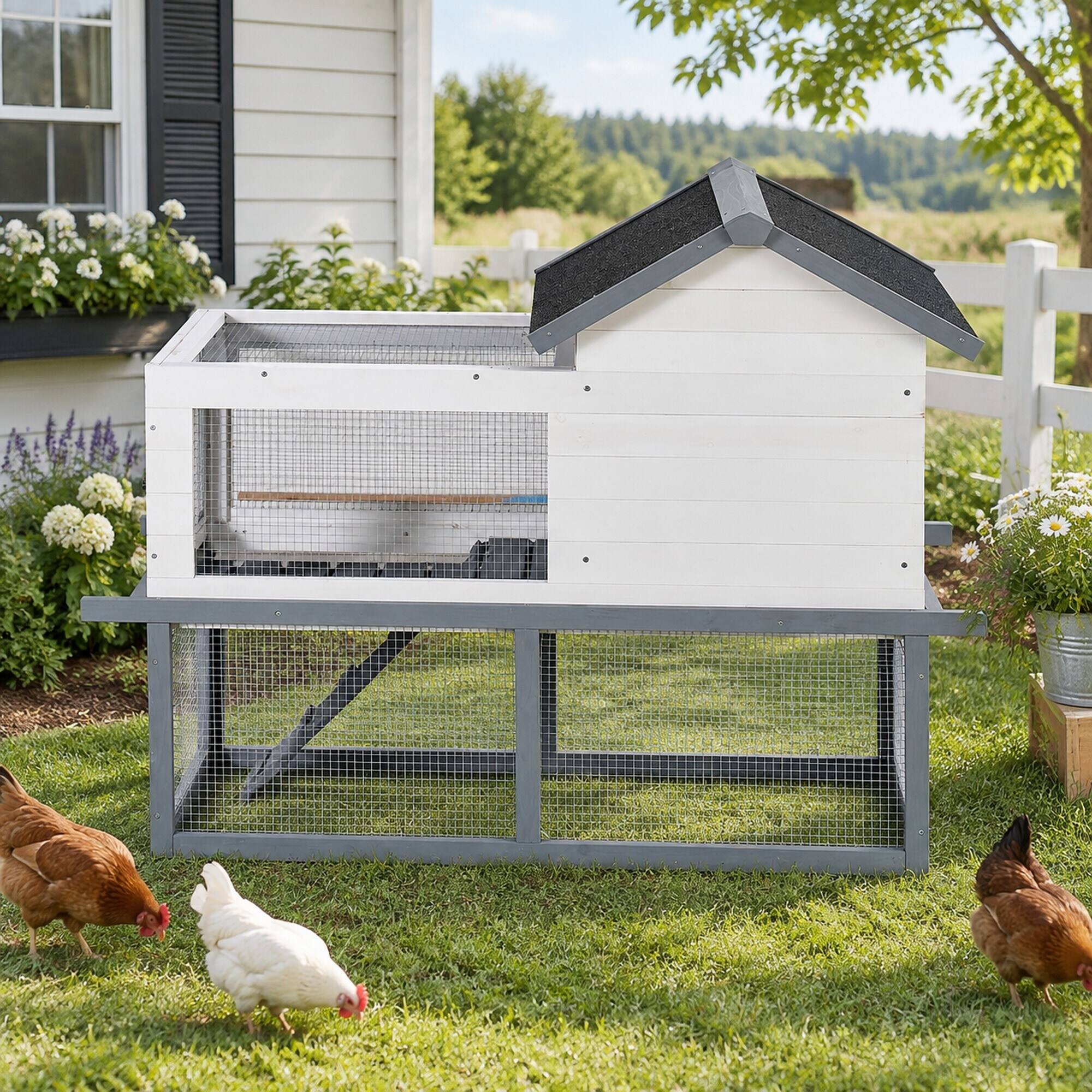 Back. RYHNUYNE - 53 in Wooden Chicken Coop and Rabbit Hutch, Double-Tier Indoor Outdoor Pet House, Asphalt Roof, Fir Wood.