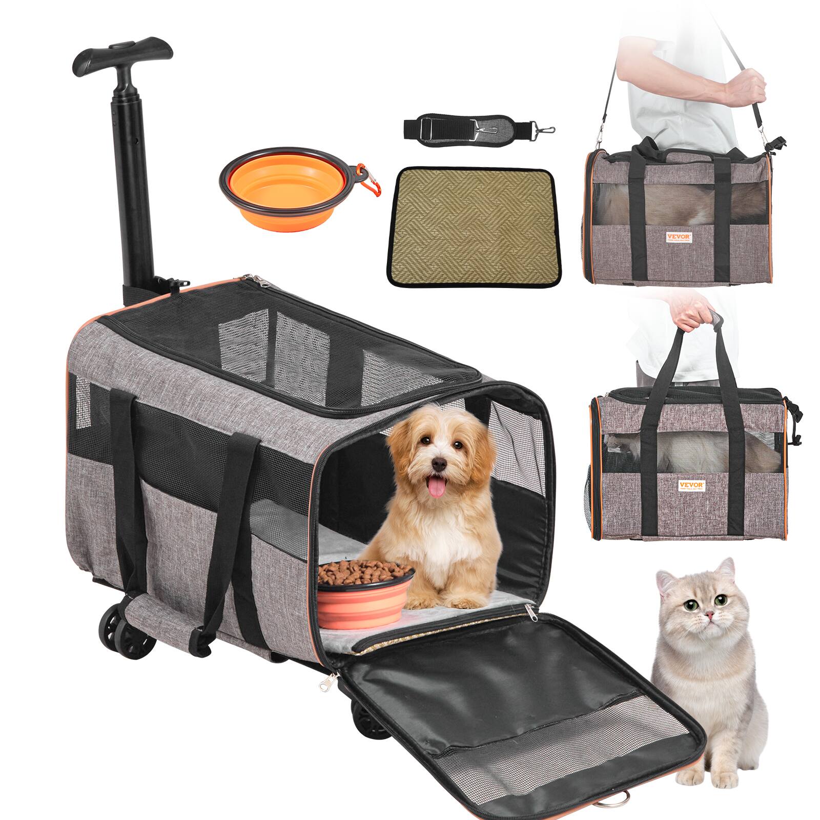 VEVOR - Cat Carrier with Wheels, Airline Approved Rolling Pet Carrier with Telescopic Handle and Shoulder Strap - Gray