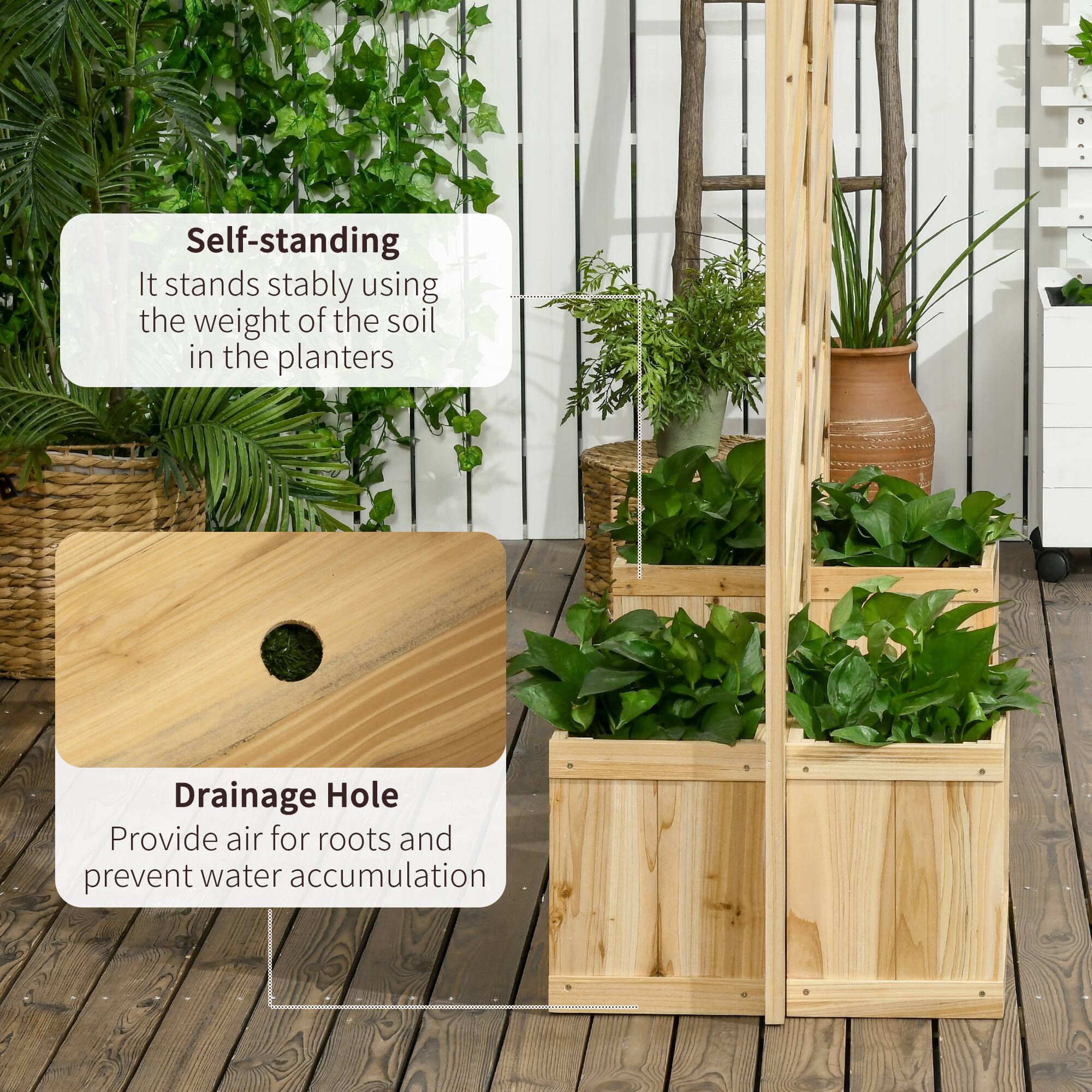 Self-standing  
It stands stably using the weight of the soil in the planters

Drainage Hole  
Provide air for roots and prevent water accumulation