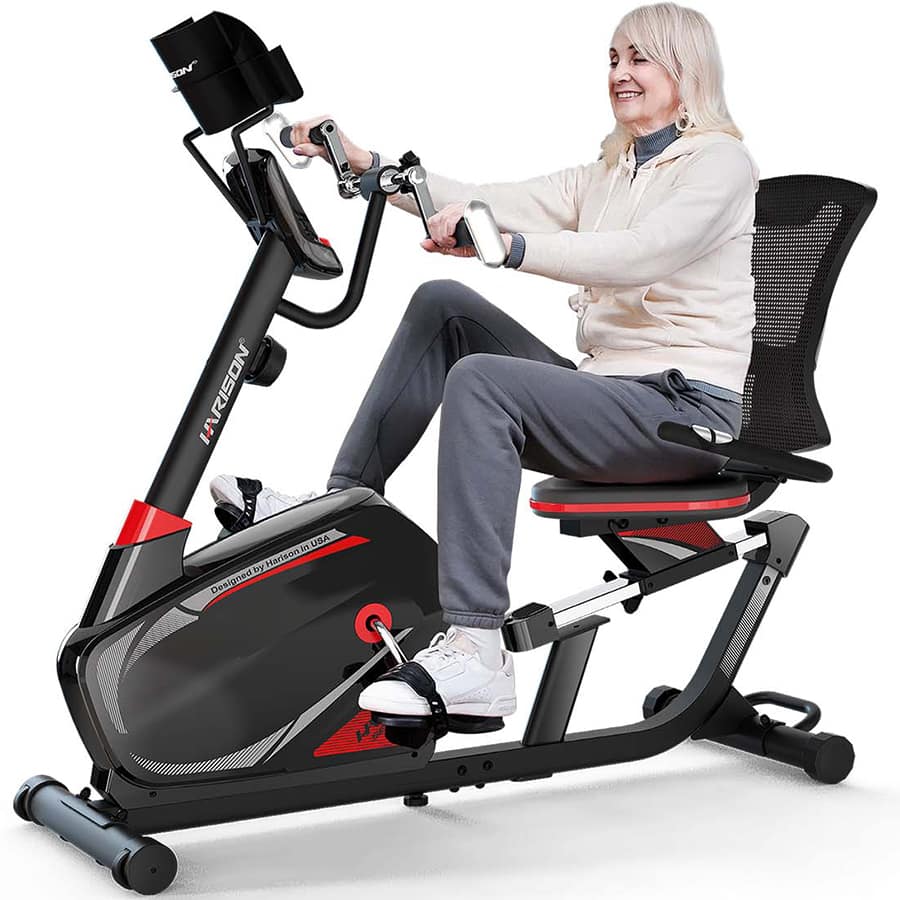 HARISON - Magnetic Exercise Bike with Arm Exerciser, 400LB Recumbent Bike, Bluetooth App, LCD & Tablet Holder(BBUS-B8ARE) - Black