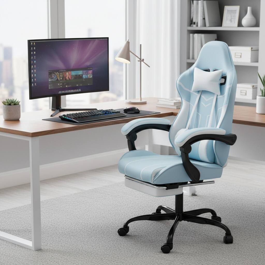 Left. Forest'nSky - Blue White Gaming Chair with Footrest, Ergonomic Computer Chair with Lumbar Support, High Back Swivel Office Desk Chair - Blue.