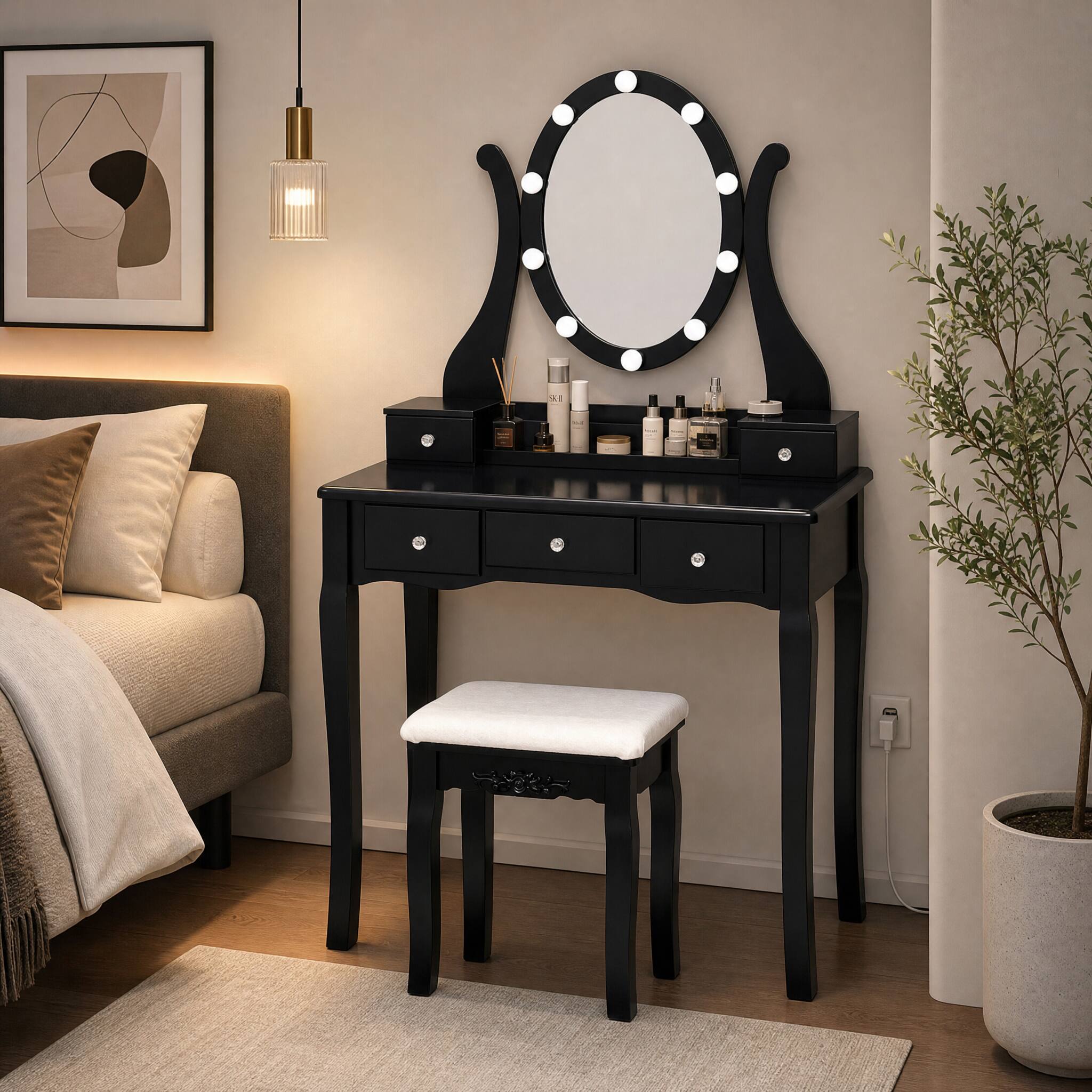 Angle. WELLFOR - Makeup Vanity Table Set with 360° Rotatable Oval Mirror, 5 Drawers, Dressing Table with Padded Stool for Bedroom - Black.