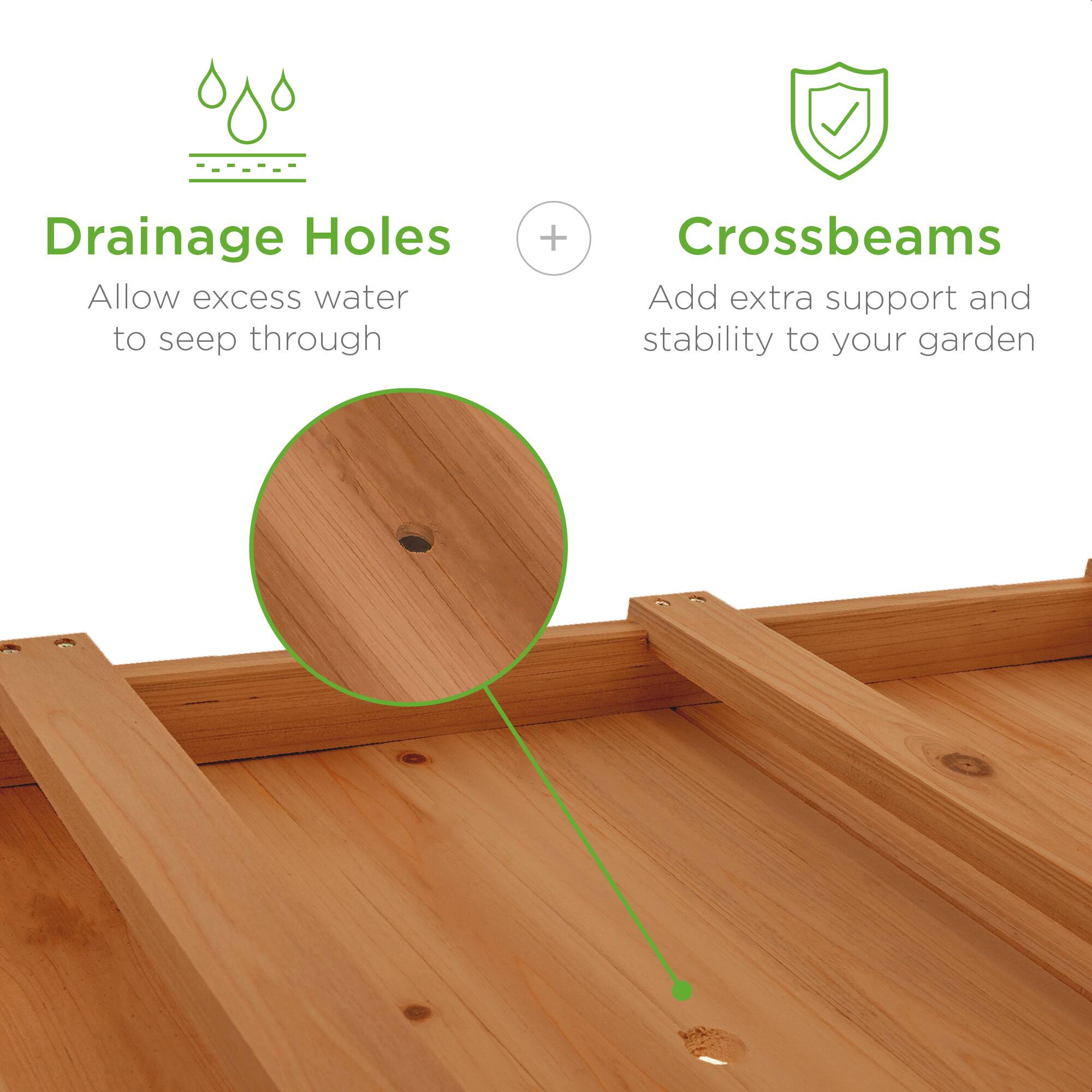 Drainage Holes  
Allow excess water to seep through  

+  

Crossbeams  
Add extra support and stability to your garden