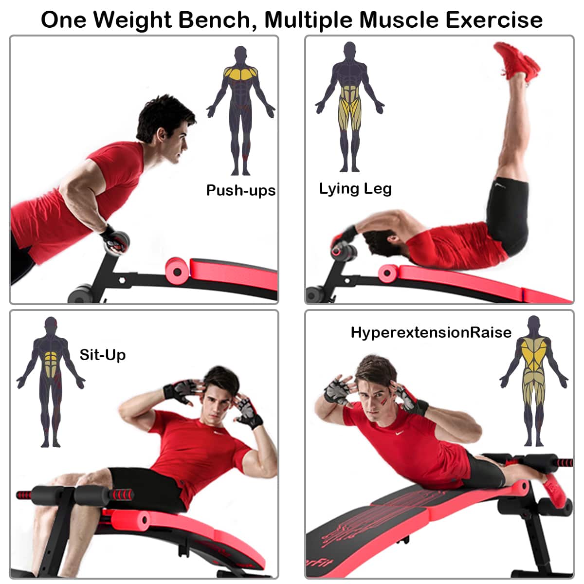 One Weight Bench, Multiple Muscle Exercise: Push-ups, Lying Leg, Sit-up, Hyperextension Raise.