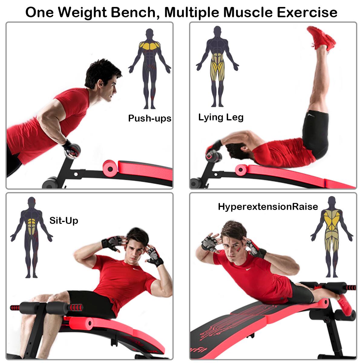 One Weight Bench, Multiple Muscle Exercise: Push-ups, Lying Leg, Sit-up, Hyperextension Raise.