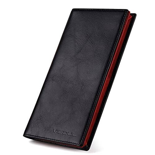 Front. Vulpecula Spade - Leather Checkbook Cover Wallet for Men with RFID Blocking, Mens Long Bifold Cash Tall Wallet with 11 Credit Card Slots 1 - Black and Burgundy.