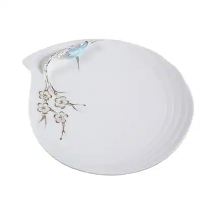Front. Jiallo - 9.5" Ceramic Plate with Blue Bird and Gold Flowers - Blue.