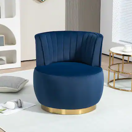 Front. Trinkets Crazed - Velvet Swivel Accent Barrel Chair, Mid Century Modern Arm Chair 360° Swivel Club Chairs - Navy.