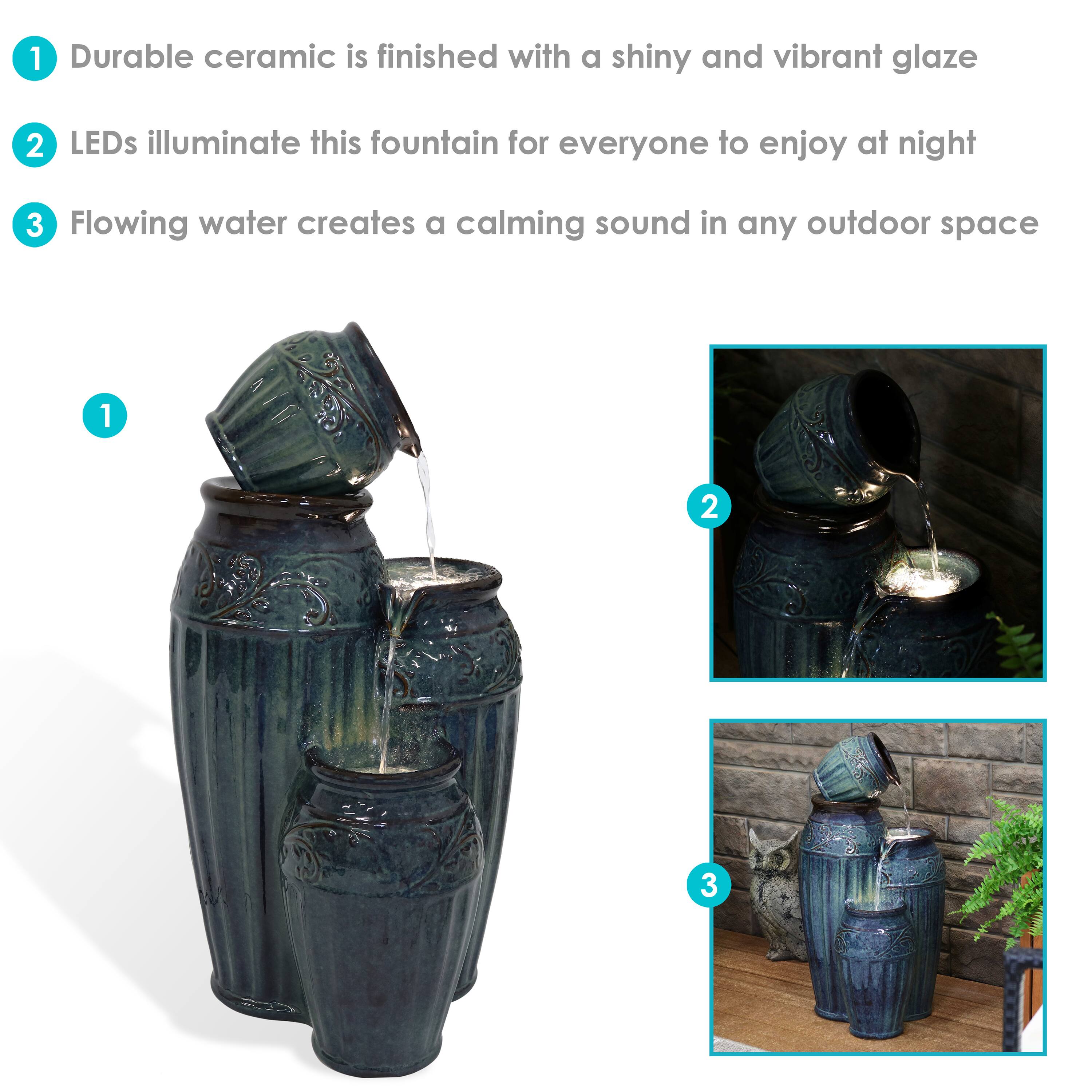 1. Durable ceramic is finished with a shiny and vibrant glaze  
2. LEDs illuminate this fountain for everyone to enjoy at night  
3. Flowing water creates a calming sound in any outdoor space