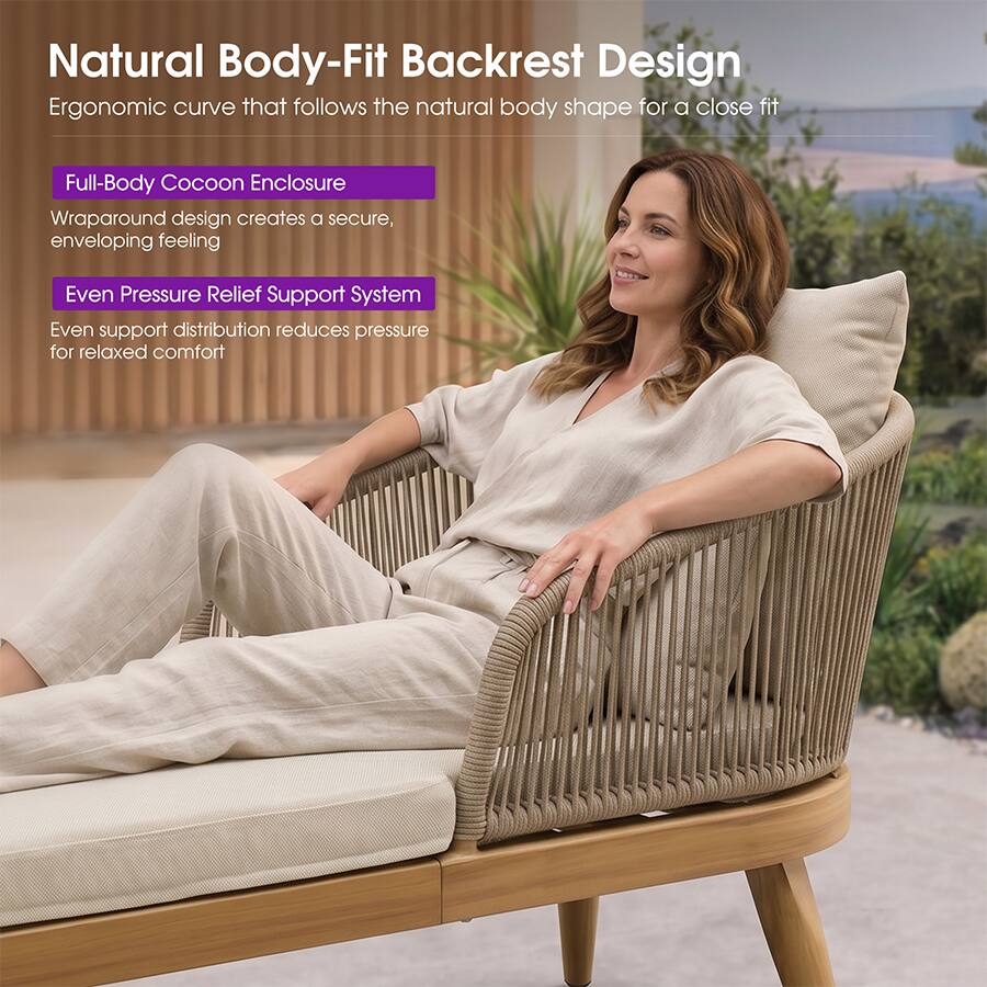Natural Body-Fit Backrest Design  
Ergonomic curve that follows the natural body shape for a close fit  

Full-Body Cocoon Enclosure  
Wraparound design creates a secure, enveloping feeling  

Even Pressure Relief Support System  
Even support distribution reduces pressure for relaxed comfort