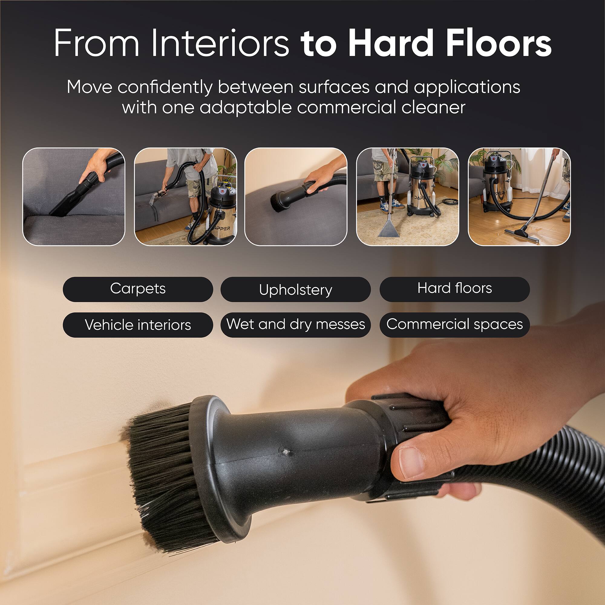 From Interiors to Hard Floors

Move confidently between surfaces and applications with one adaptable commercial cleaner

- Carpets
- Upholstery
- Hard floors
- Vehicle interiors
- Wet and dry messes
- Commercial spaces
