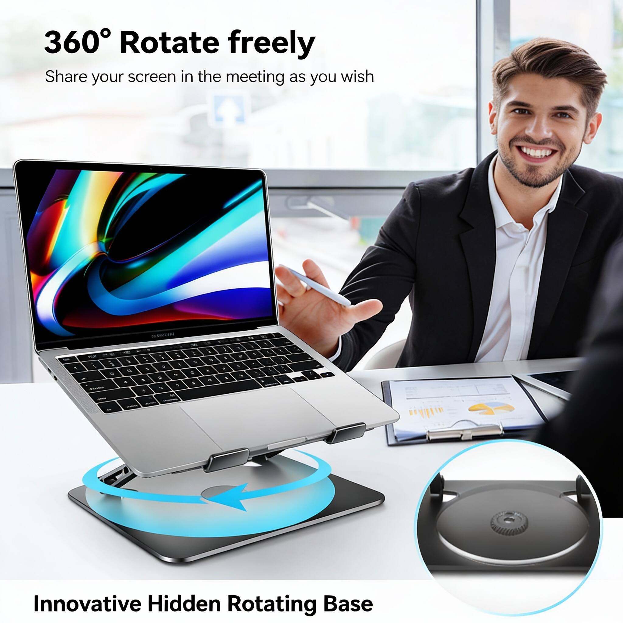 360° Rotate freely  
Share your screen in the meeting as you wish  

Innovative Hidden Rotating Base