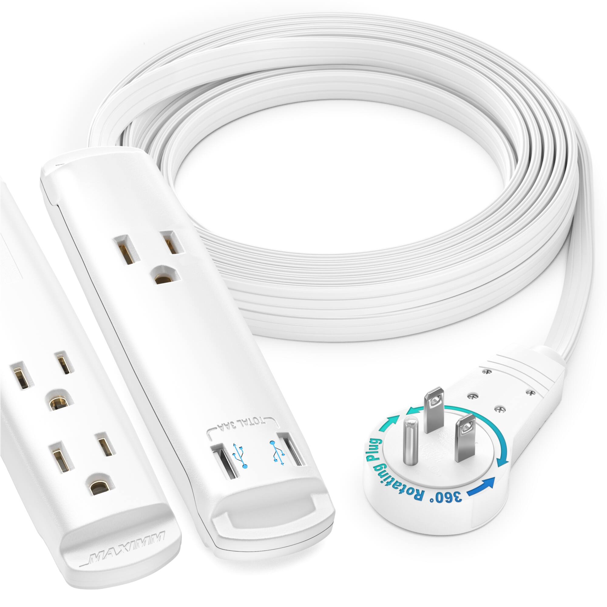 Maximm - Extension Cord with USB Ports 12FT, 360° Rotating Flat Plug, 3-Outlet with USB Ports (2 Ports), 3 Prong, UL Certified - White