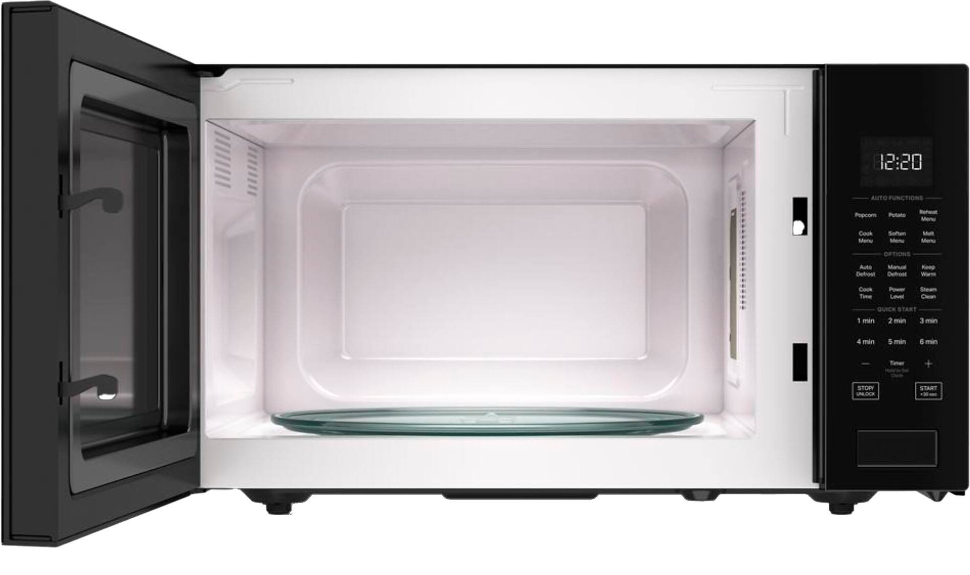 The image shows a microwave with the time 12:20 displayed on the screen. The microwave has various options available, including Auto Functions, Potato Reheat, Menu, Couk Menu, Soften Menu, Meat Menu, and OPTIONS. The user can also select between Auto and Manual modes, defrost the microwave, or adjust the cook time and power level. Additionally, the user can choose to use steam cleaning or quick start options.