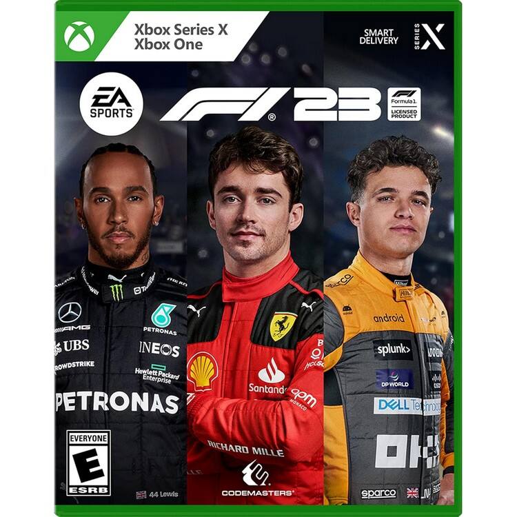 Xbox Series X  
Xbox One  

EA Sports  
F1 23  
Formula 1 Licensed Product  

Smart Delivery  

Series X  

Everyone  
E  
ESRB  

44 Lewis  

Codemasters  

Petronas  
UBS  
Ineos  
Hewlett Packard Enterprise  
Santand  
Richard Mille  
Dell  
Splunk  
DP World  
Sparco  

Android  
Puma  
Shell  
Monaco  
Masters