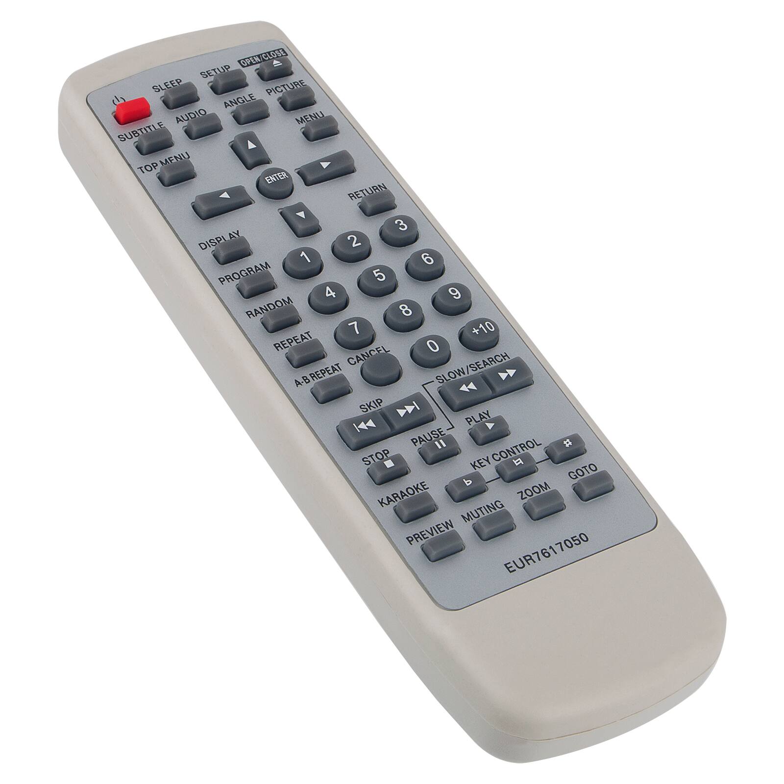 OPEN/CLOSE  
SETUP  
SLEEP  
ANGLE  
AUDIO  
SUBTITLE  
TOP MENU  
DISPLAY  
PROGRAM  
RANDOM  
REPEAT  
A-B REPEAT  
CANCEL  
SKIP  
STOP  
SLOW/SEARCH  
PLAY  
PAUSE  
KEY CONTROL  
KARAOKE  
PREVIEW  
MUTING  
ZOOM  
GOTO  
PICTURE  
MENU  
RETURN  
ENTER  
0  
1  
2  
3  
4  
5  
6  
7  
8  
9  
+10  
SEARCH  
EUR7617050