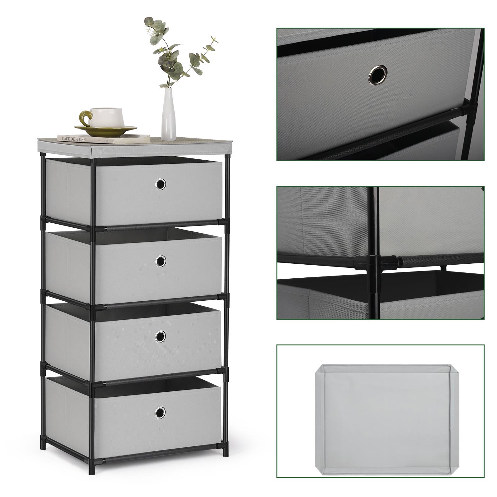 Back. Oumilen - 4-Drawer Fabric Storage Tower with Light Gray Top, Light Gray - Gray.