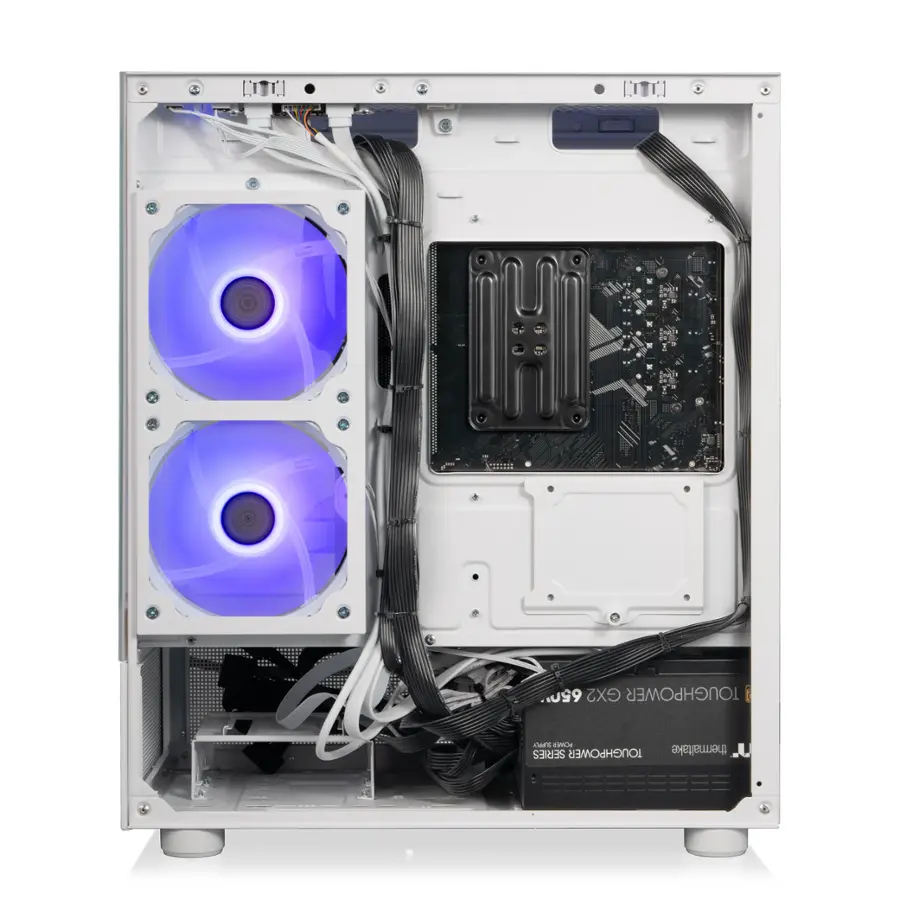 The image shows the inside of a computer case with a white and black color scheme. The case has a CPU and a motherboard inside, along with two purple fans. The fans are connected to the motherboard, and they are likely used for cooling purposes. The computer case is part of the Toughpower series by Thermaltake, which is known for its high-quality and durable products.